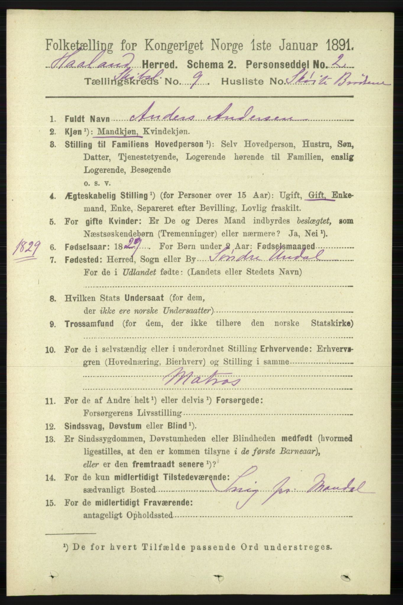 RA, 1891 census for 1124 Haaland, 1891, p. 4099