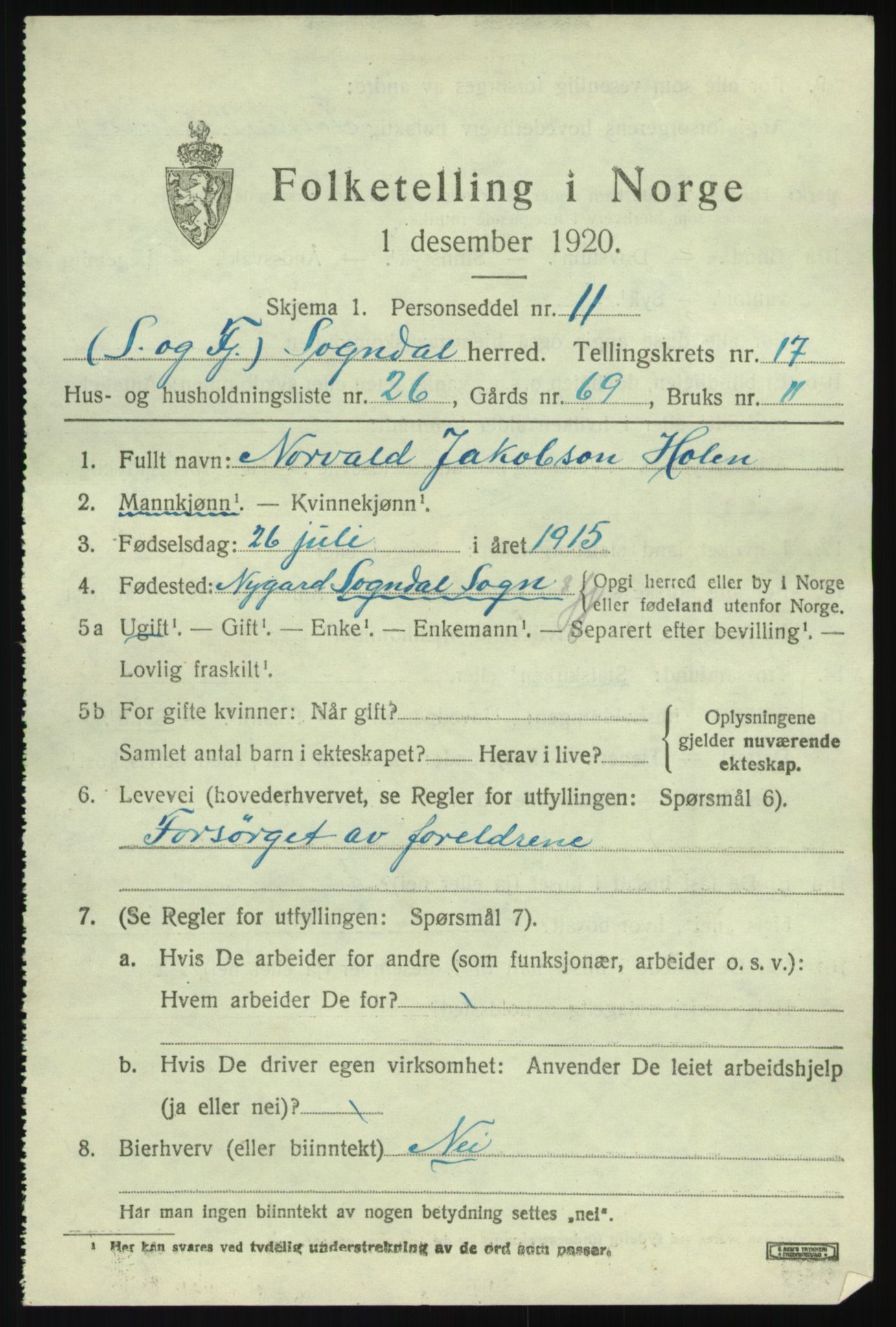 SAB, 1920 census for Sogndal, 1920, p. 6603