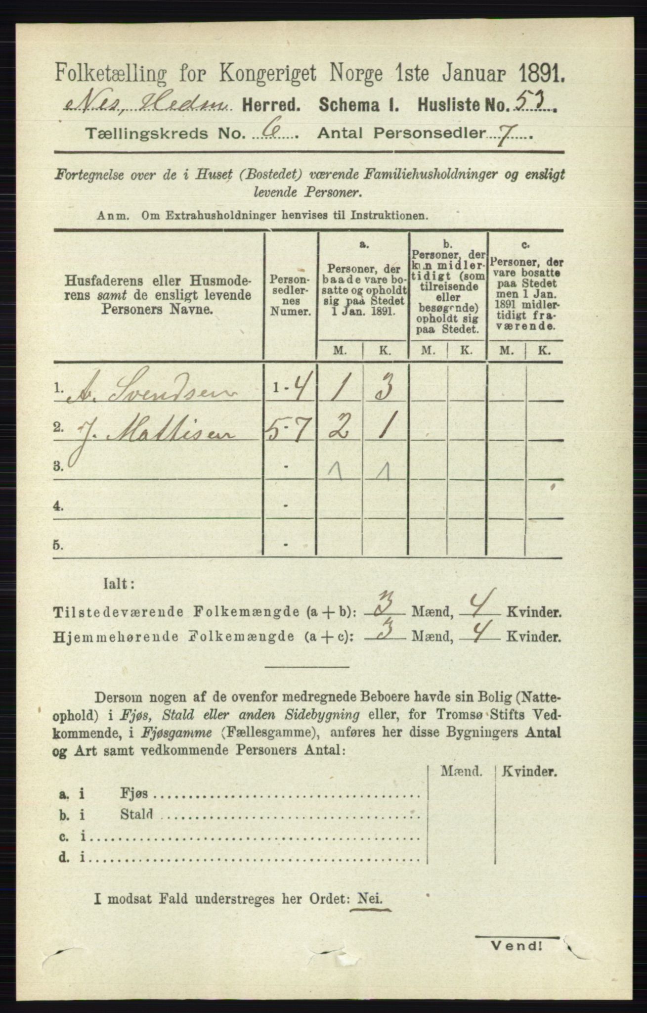 RA, 1891 census for 0411 Nes, 1891, p. 3221