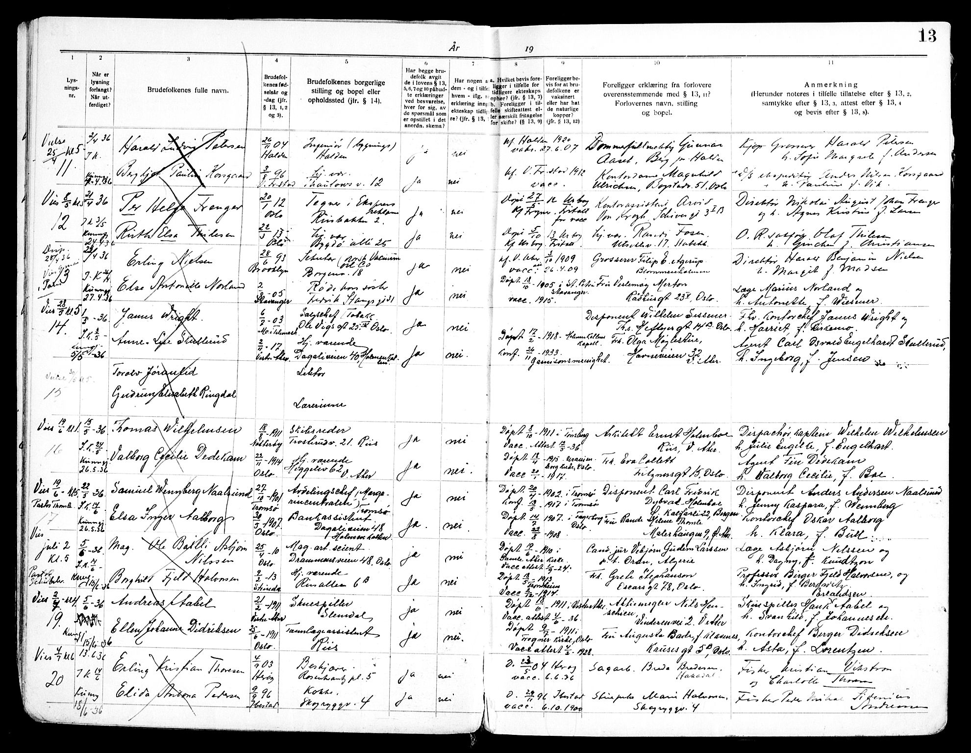 Ris prestekontor Kirkebøker, SAO/A-10875/H/Ha/L0001: Banns register no. 1, 1933-1952, p. 13