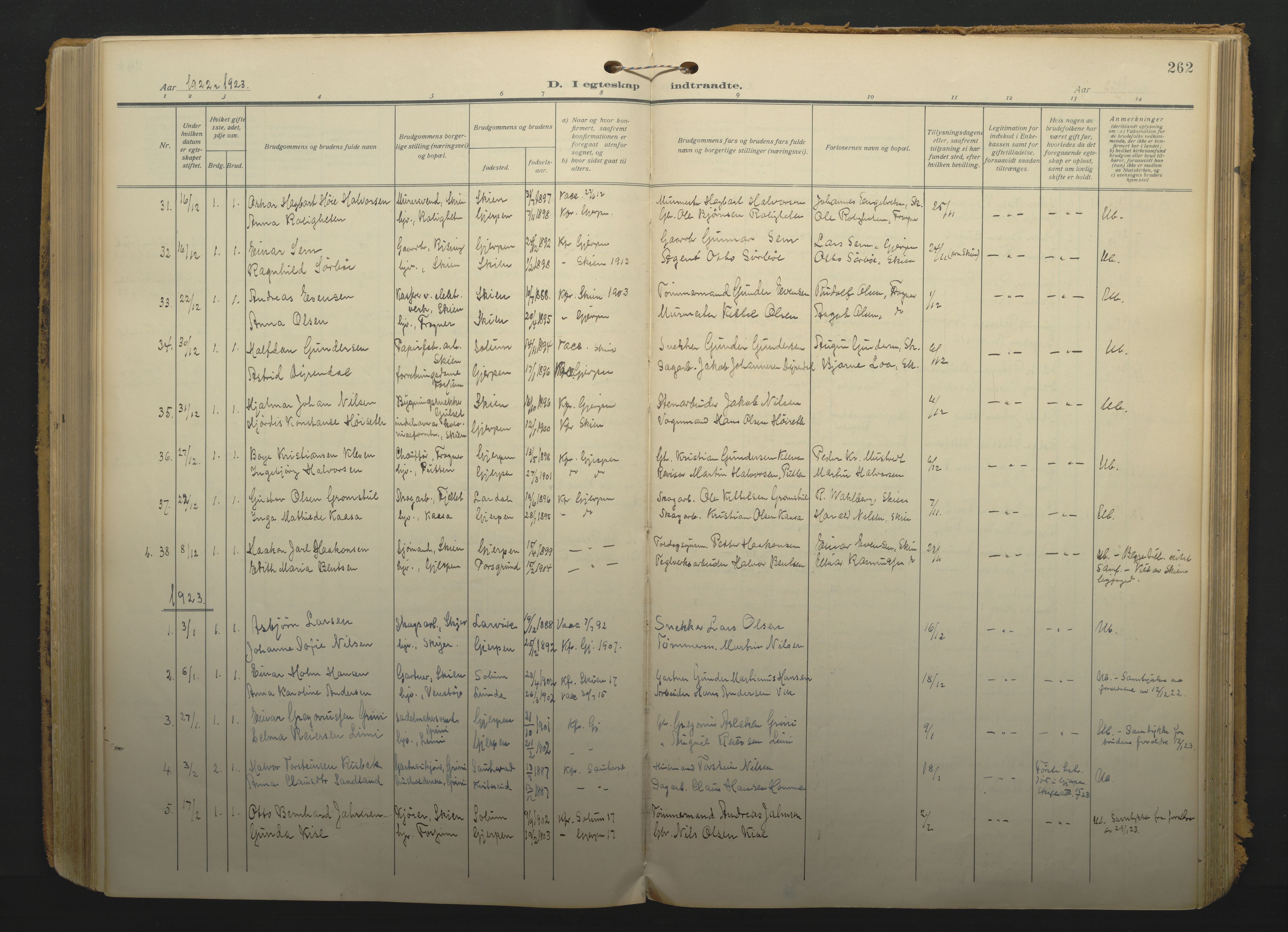 Gjerpen kirkebøker, SAKO/A-265/F/Fa/L0013: Parish register (official) no. I 13, 1914-1924, p. 262