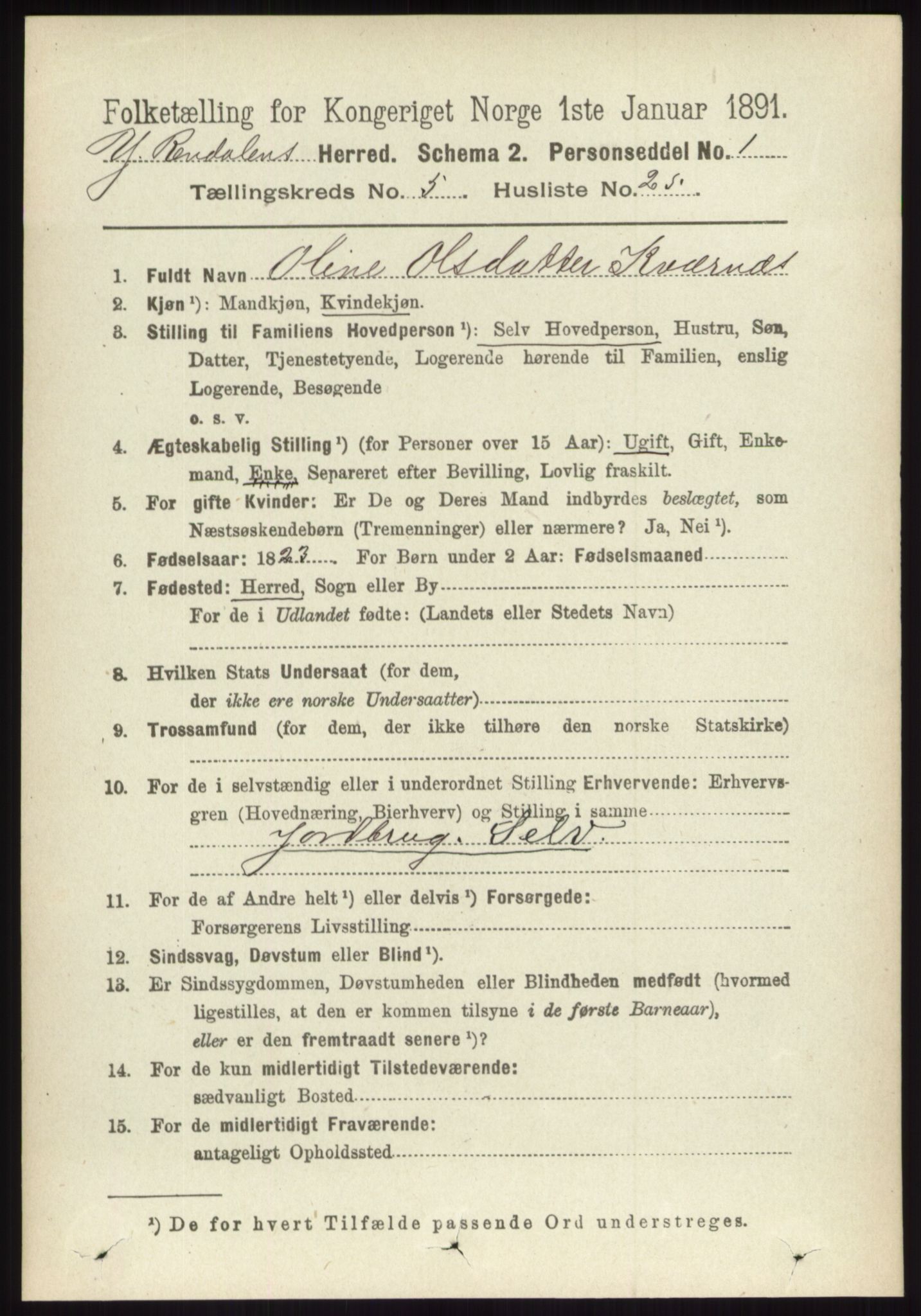 RA, 1891 census for 0432 Ytre Rendal, 1891, p. 1410