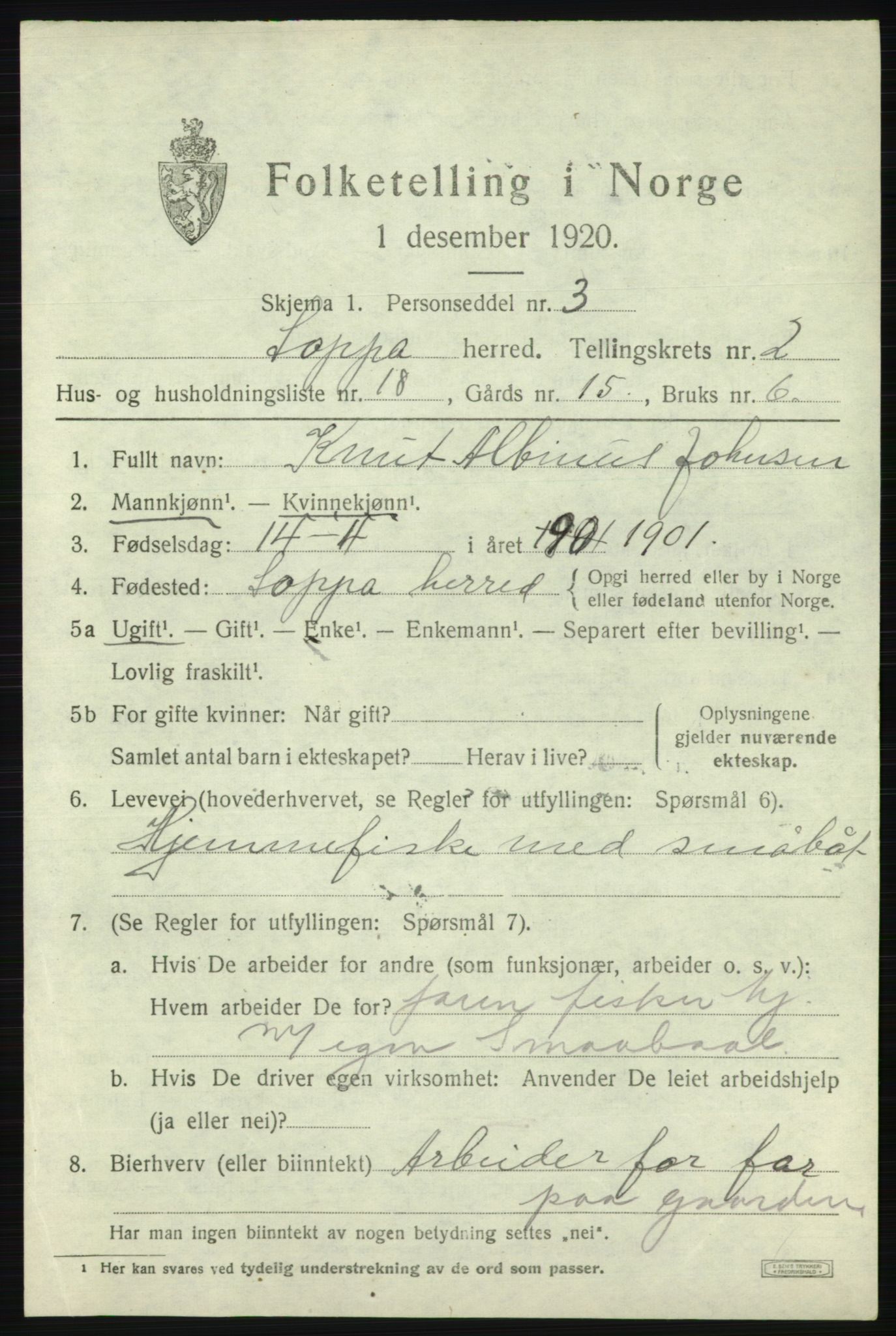 SATØ, 1920 census for Loppa, 1920, p. 994