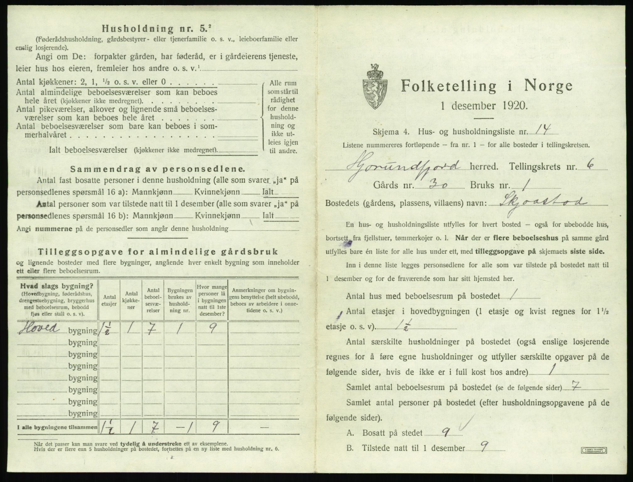 SAT, 1920 census for Hjørundfjord, 1920, p. 299