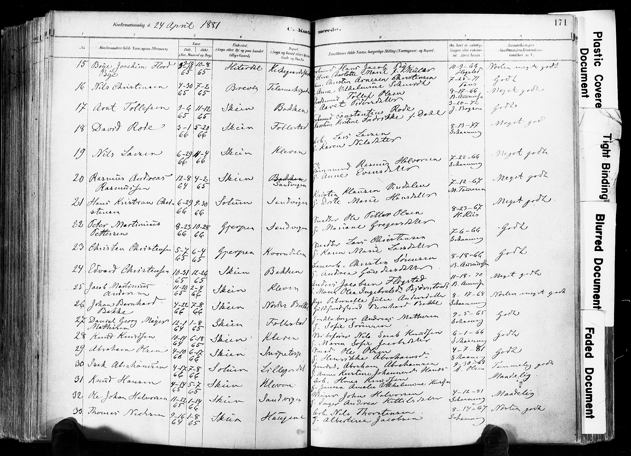 Skien kirkebøker, AV/SAKO-A-302/F/Fa/L0009: Parish register (official) no. 9, 1878-1890, p. 171