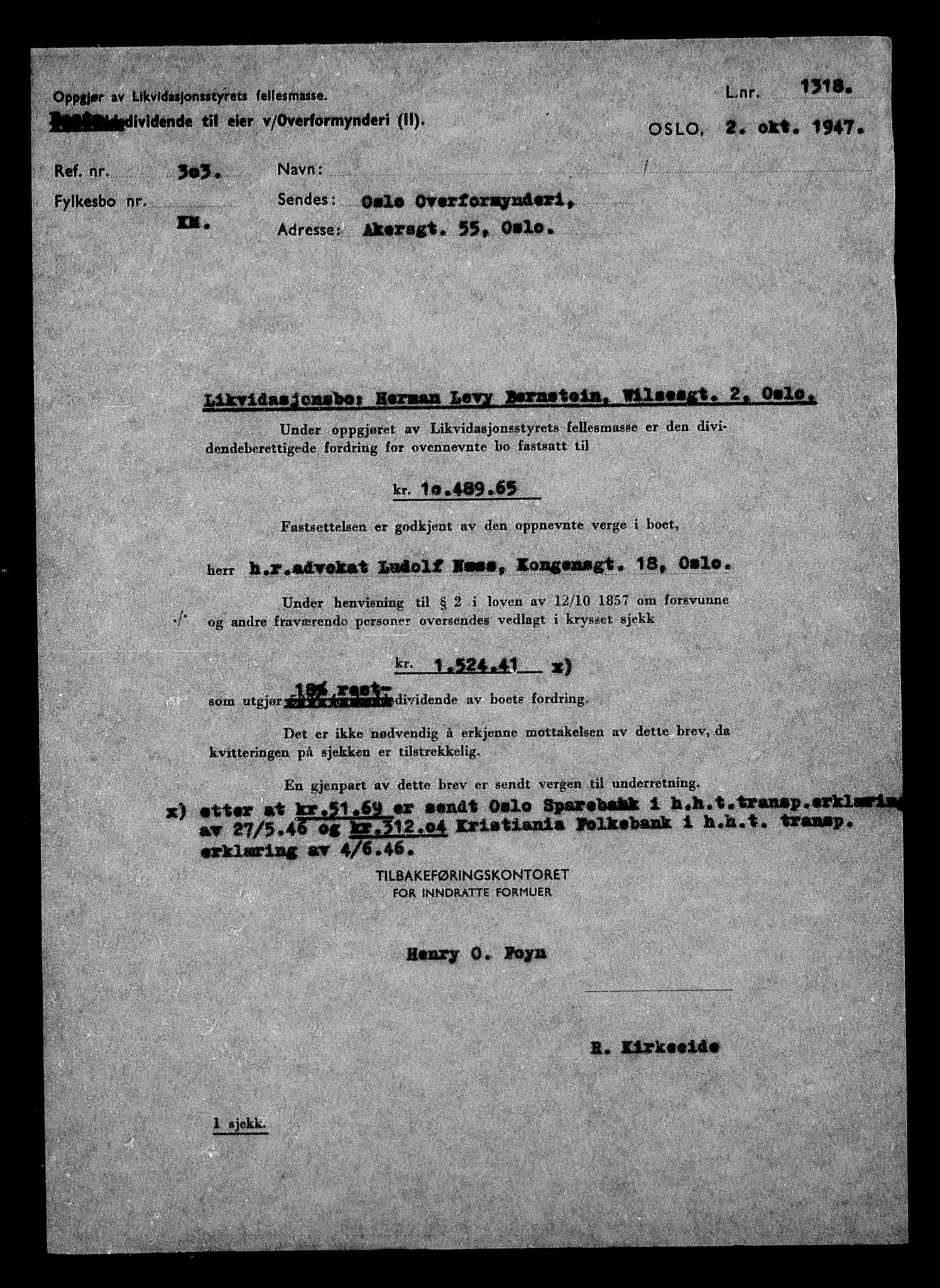 Justisdepartementet, Tilbakeføringskontoret for inndratte formuer, RA/S-1564/H/Hc/Hcc/L0922: --, 1945-1947, p. 338