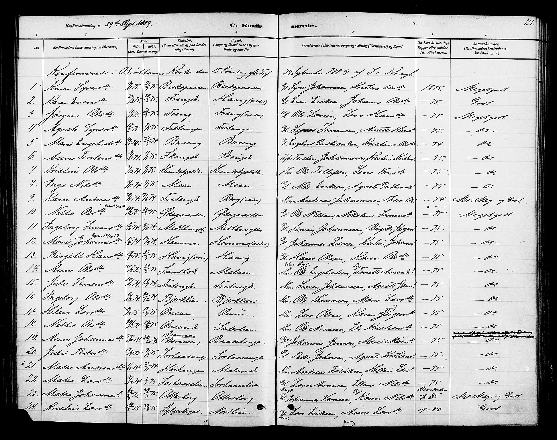 Ringsaker prestekontor, SAH/PREST-014/K/Ka/L0013: Parish register (official) no. 13, 1879-1890, p. 121