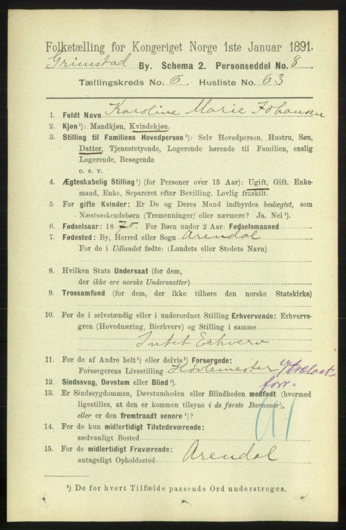 RA, 1891 census for 0904 Grimstad, 1891, p. 4153