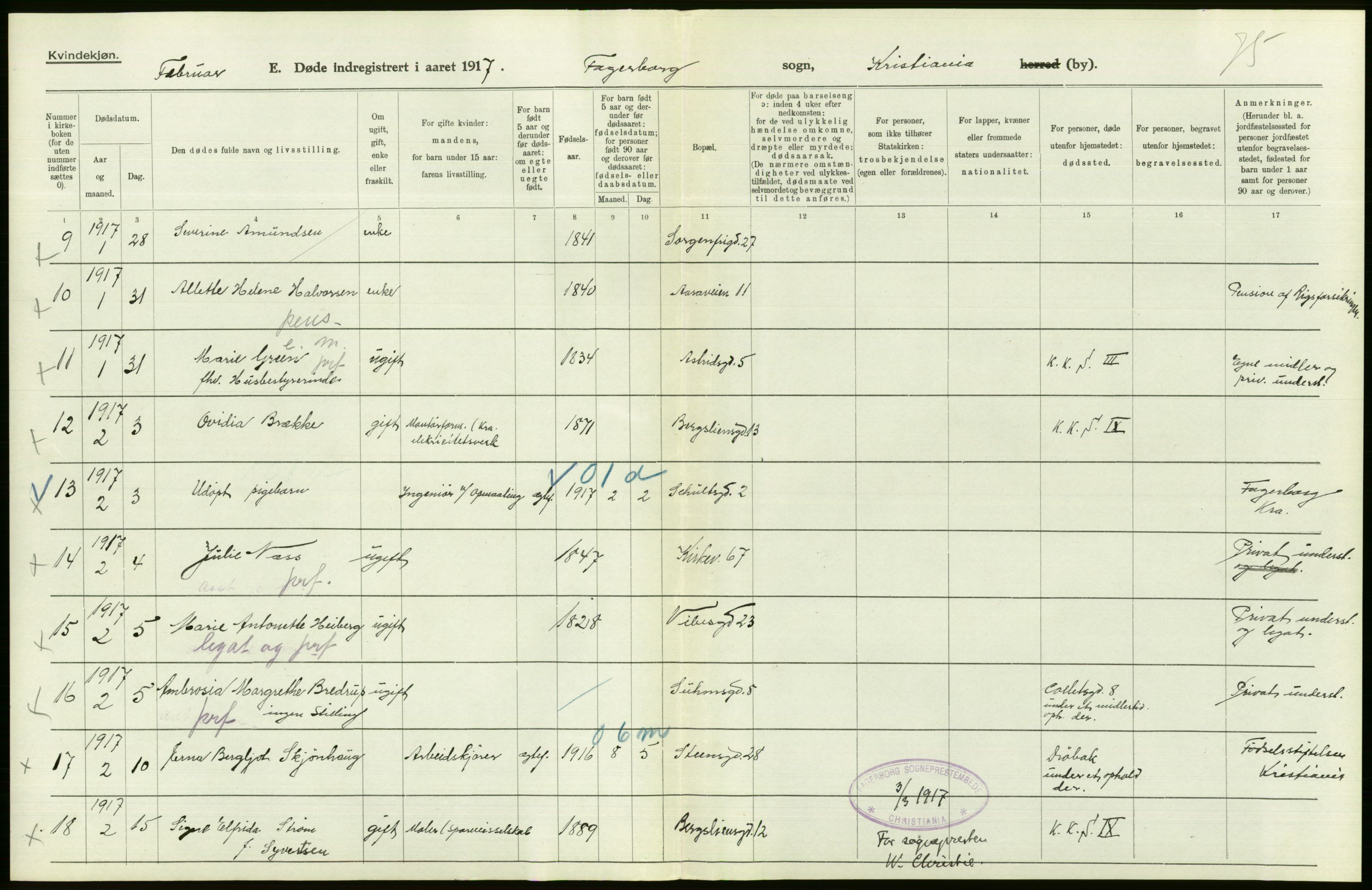 Statistisk sentralbyrå, Sosiodemografiske emner, Befolkning, RA/S-2228/D/Df/Dfb/Dfbg/L0010: Kristiania: Døde, 1917, p. 240