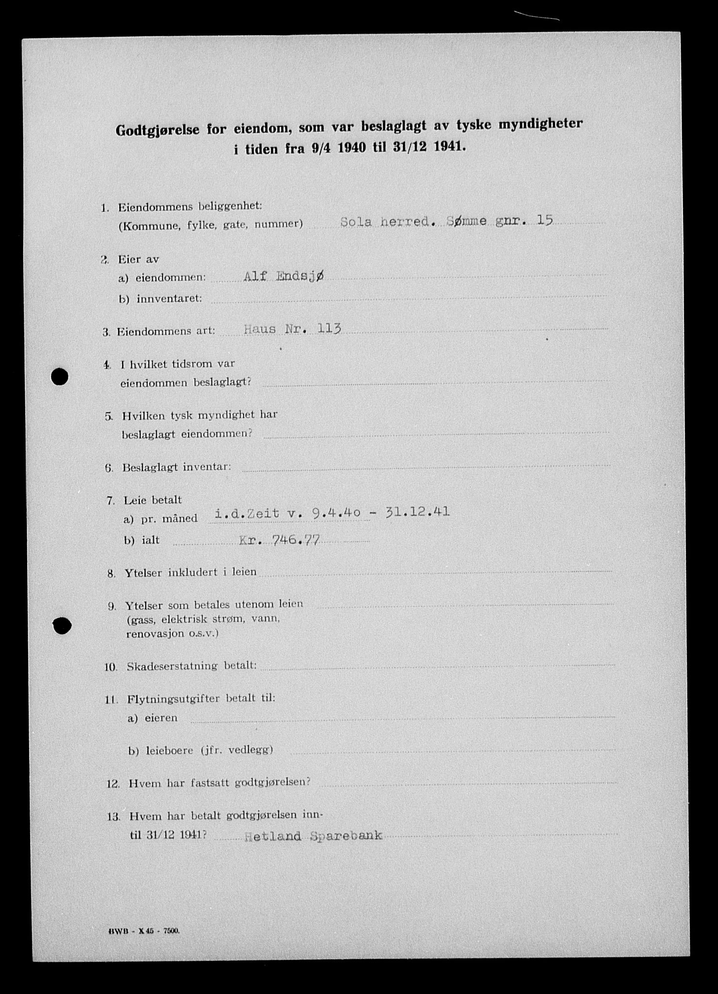 Justisdepartementet, Tilbakeføringskontoret for inndratte formuer, AV/RA-S-1564/I/L1014: Godtgjørelse for beslaglagt eiendom, 1940-1941, p. 235