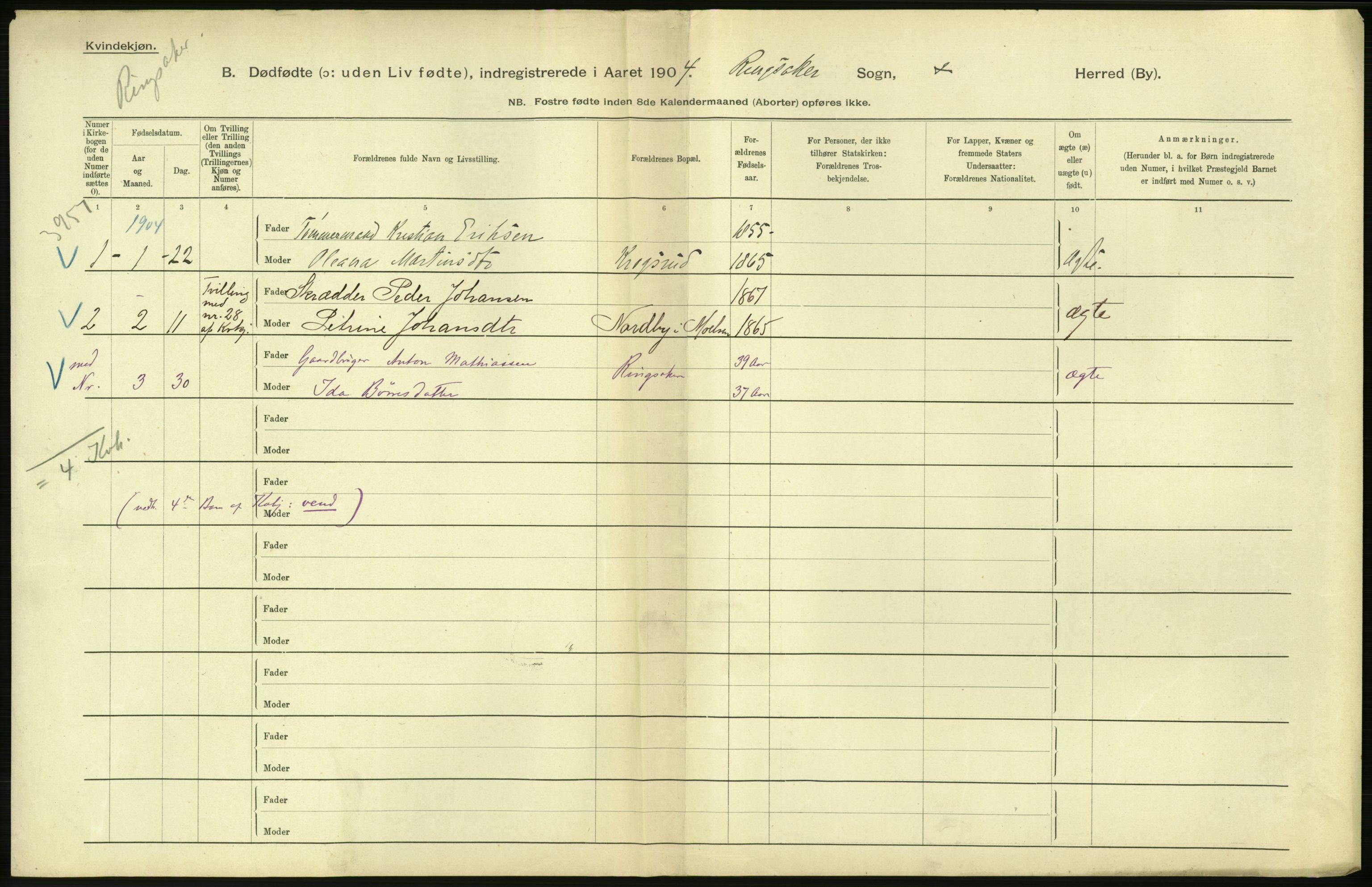 Statistisk sentralbyrå, Sosiodemografiske emner, Befolkning, RA/S-2228/D/Df/Dfa/Dfab/L0025: Smålenenes amt - Stavanger amt: Dødfødte. Bygder., 1904, p. 116