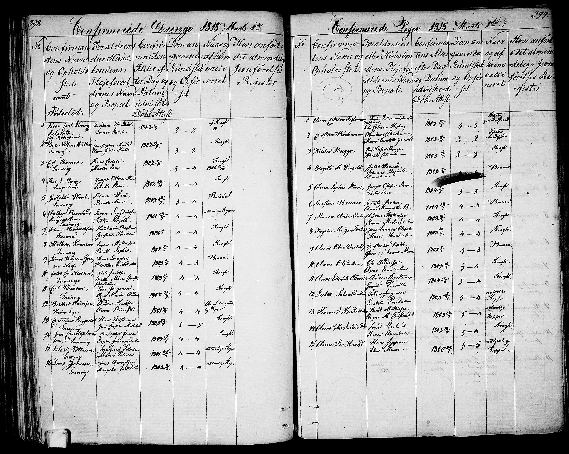 Larvik kirkebøker, AV/SAKO-A-352/G/Ga/L0002: Parish register (copy) no. I 2, 1807-1830, p. 398-399