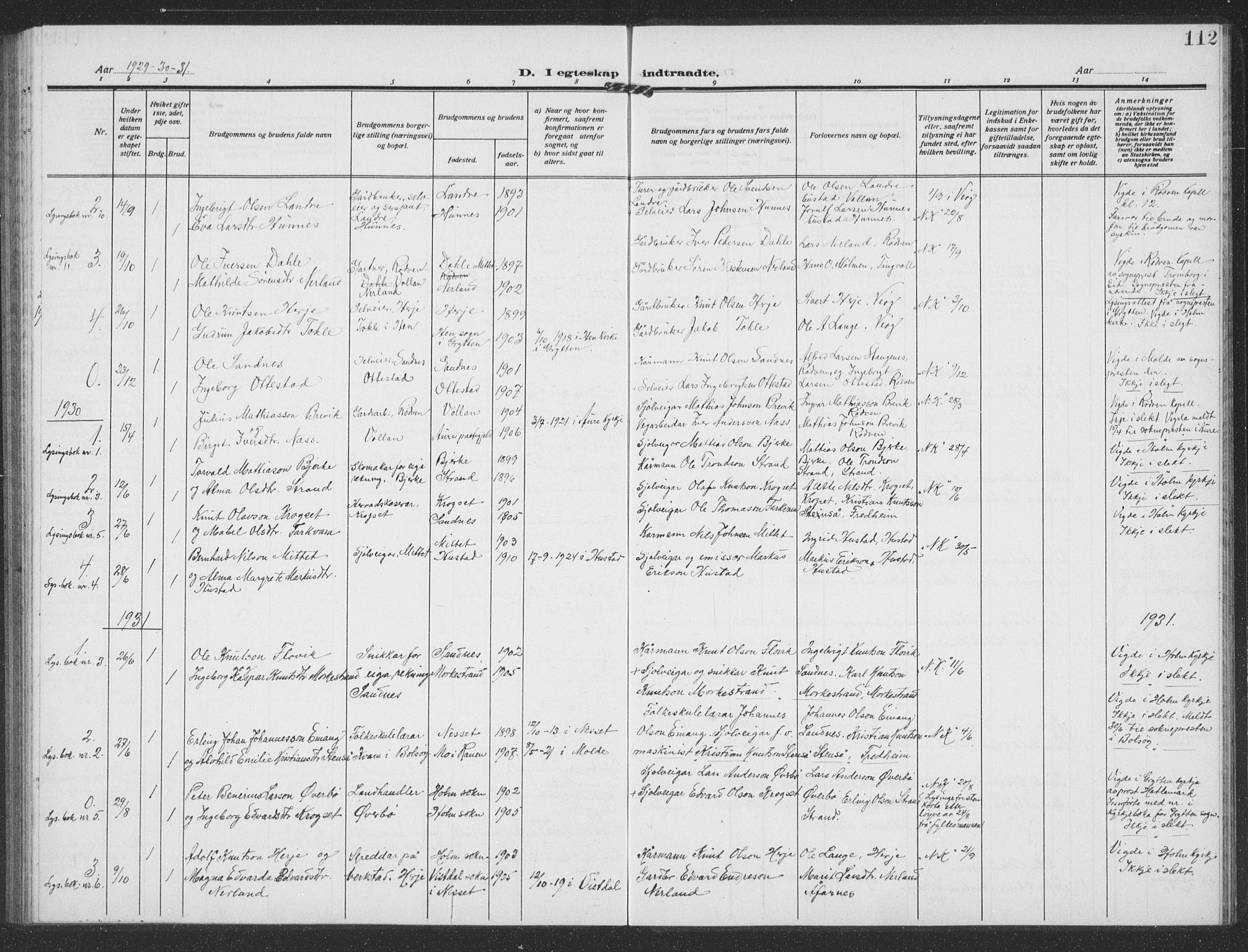 Ministerialprotokoller, klokkerbøker og fødselsregistre - Møre og Romsdal, SAT/A-1454/549/L0615: Parish register (copy) no. 549C01, 1905-1932, p. 112