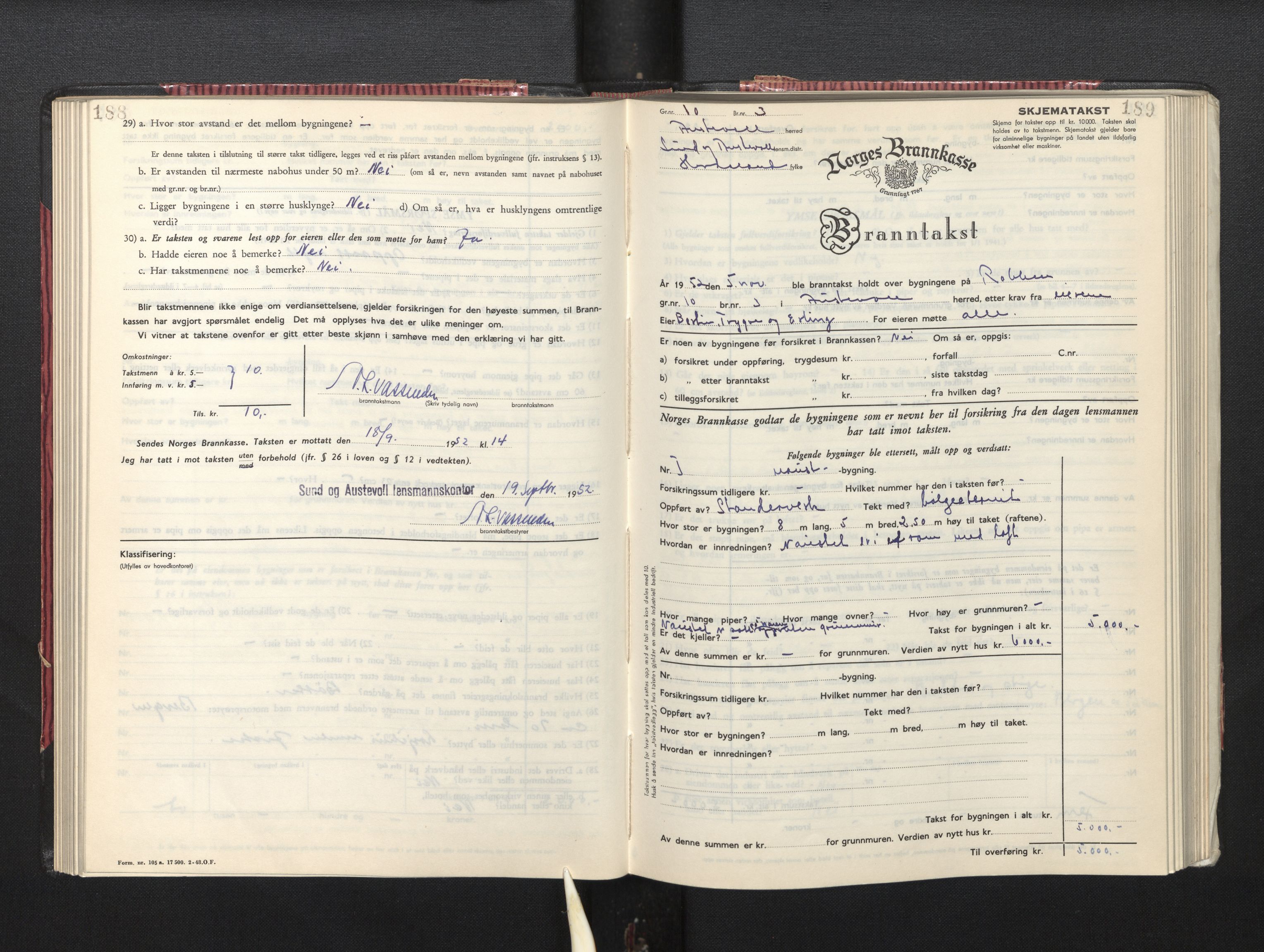 Lensmannen i Sund og Austevoll, AV/SAB-A-35201/0012/L0005: Branntakstprotokoll, skjematakst, 1949-1955, p. 188-189
