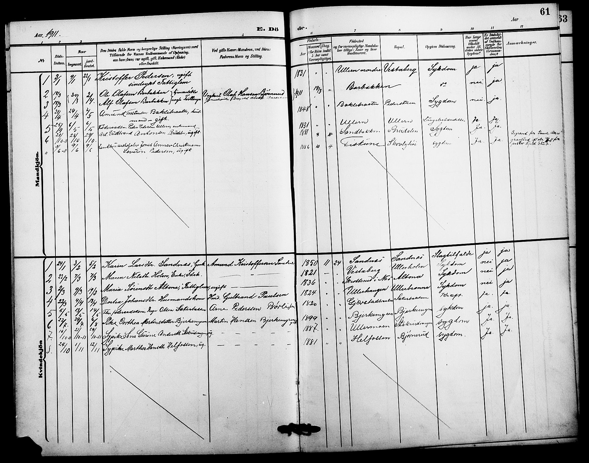 Sør-Odal prestekontor, AV/SAH-PREST-030/H/Ha/Hab/L0007: Parish register (copy) no. 7, 1907-1915, p. 61