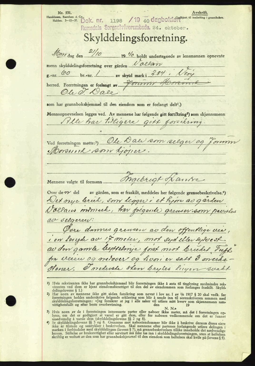 Romsdal sorenskriveri, AV/SAT-A-4149/1/2/2C: Mortgage book no. A8, 1939-1940, Diary no: : 1198/1940