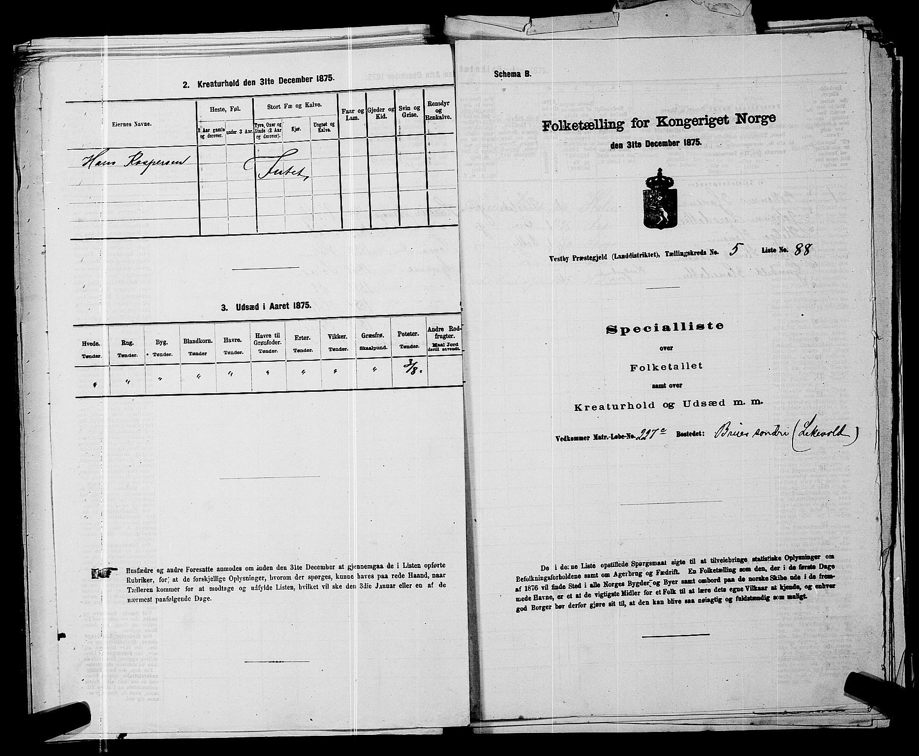 RA, 1875 census for 0211L Vestby/Vestby, Garder og Såner, 1875, p. 889