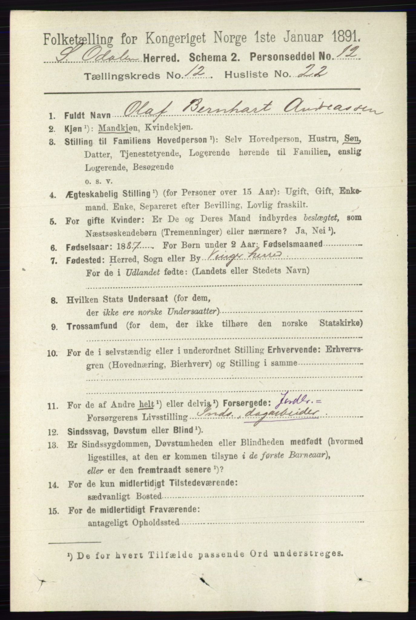 RA, 1891 census for 0419 Sør-Odal, 1891, p. 5496