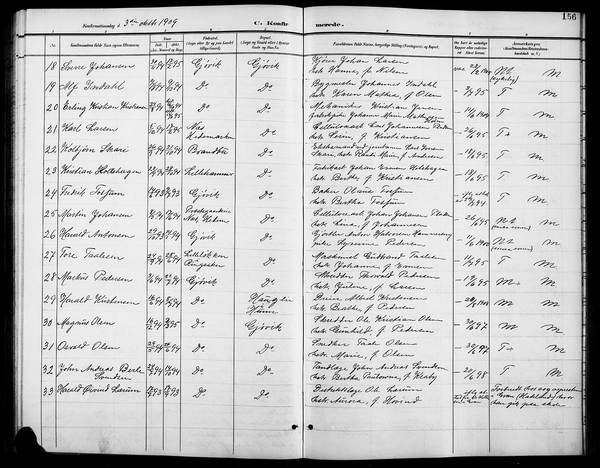 Vardal prestekontor, SAH/PREST-100/H/Ha/Hab/L0012: Parish register (copy) no. 12, 1902-1911, p. 156