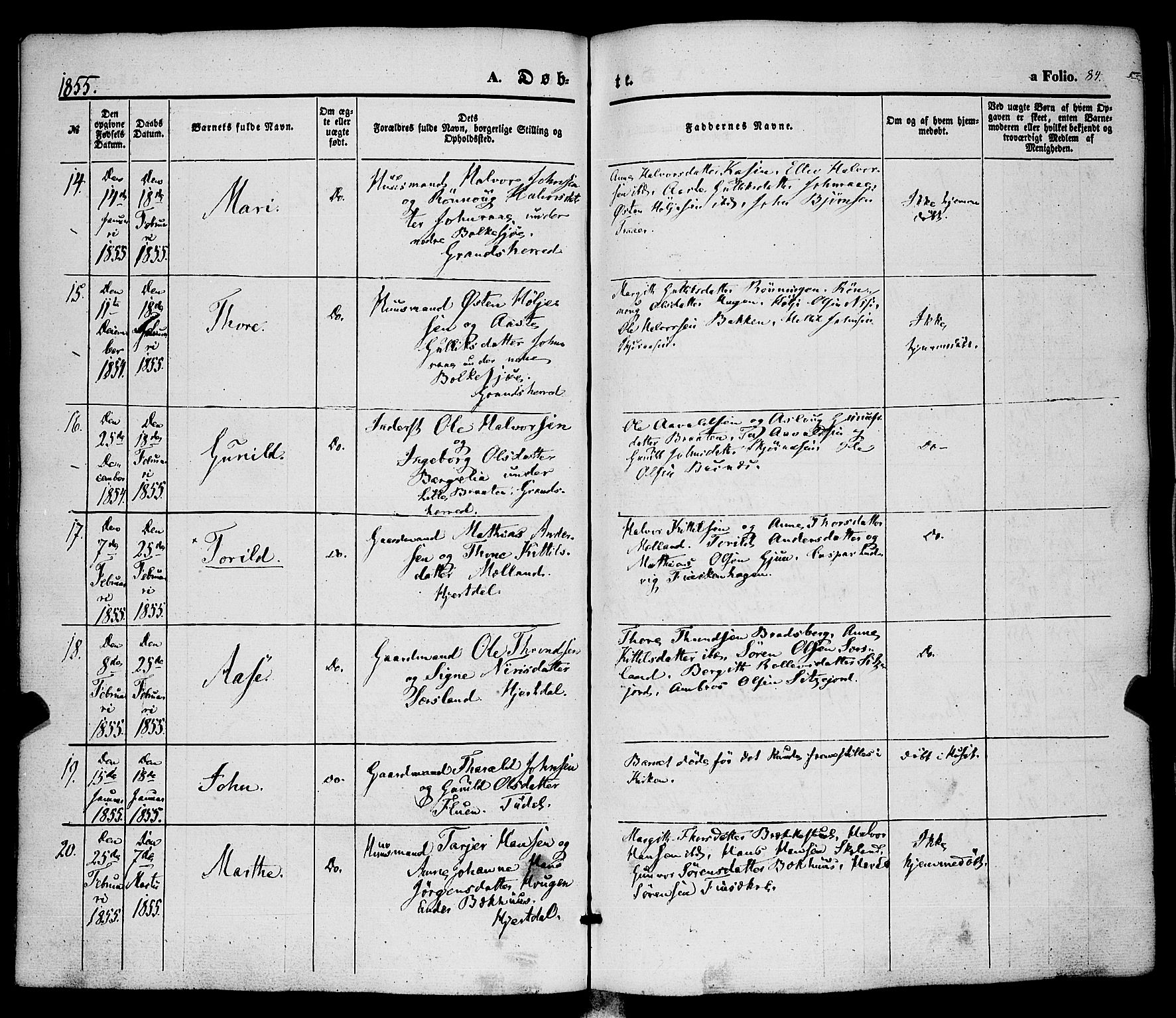 Hjartdal kirkebøker, AV/SAKO-A-270/F/Fa/L0008: Parish register (official) no. I 8, 1844-1859, p. 84