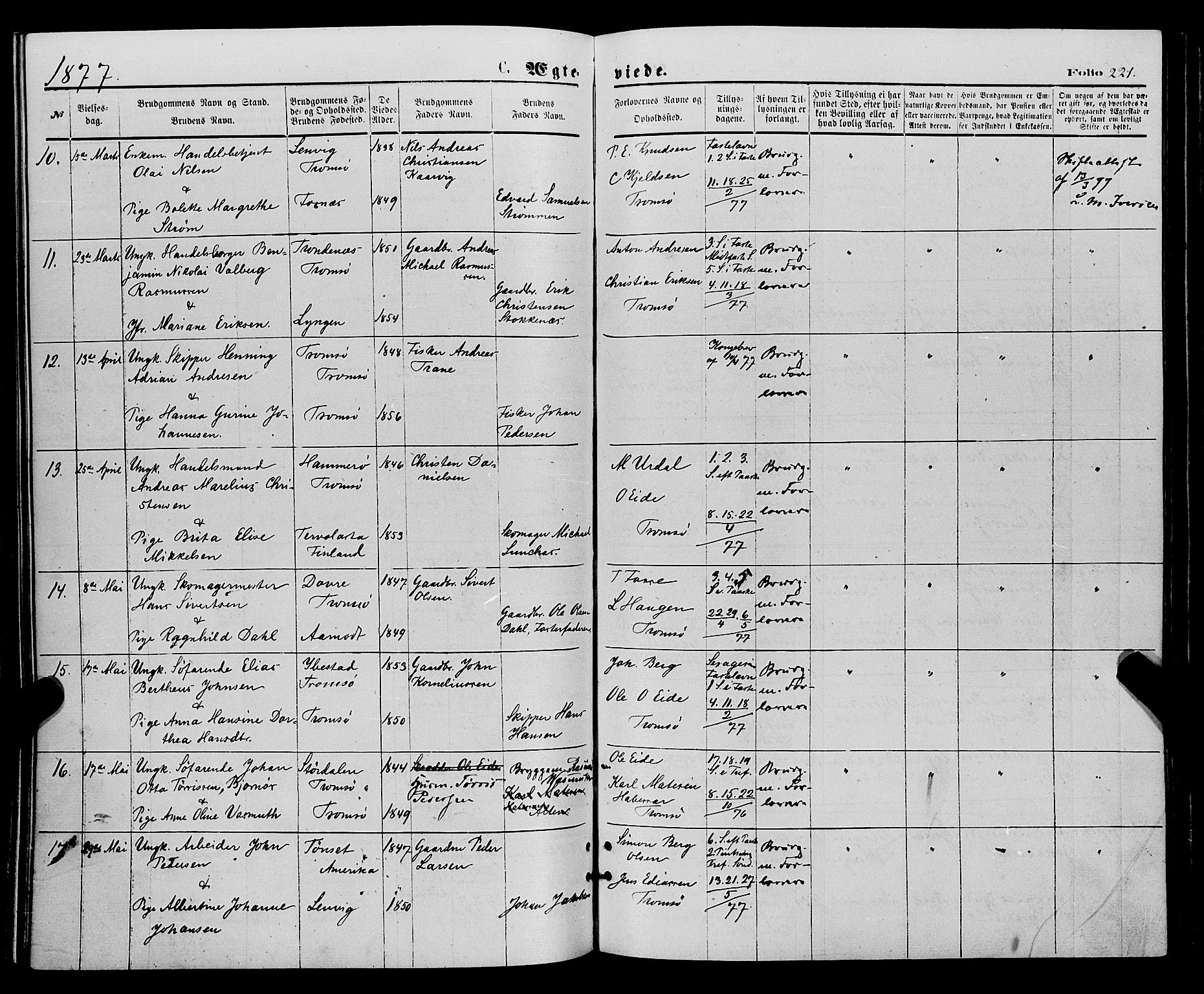 Tromsø sokneprestkontor/stiftsprosti/domprosti, AV/SATØ-S-1343/G/Ga/L0013kirke: Parish register (official) no. 13, 1872-1877, p. 221