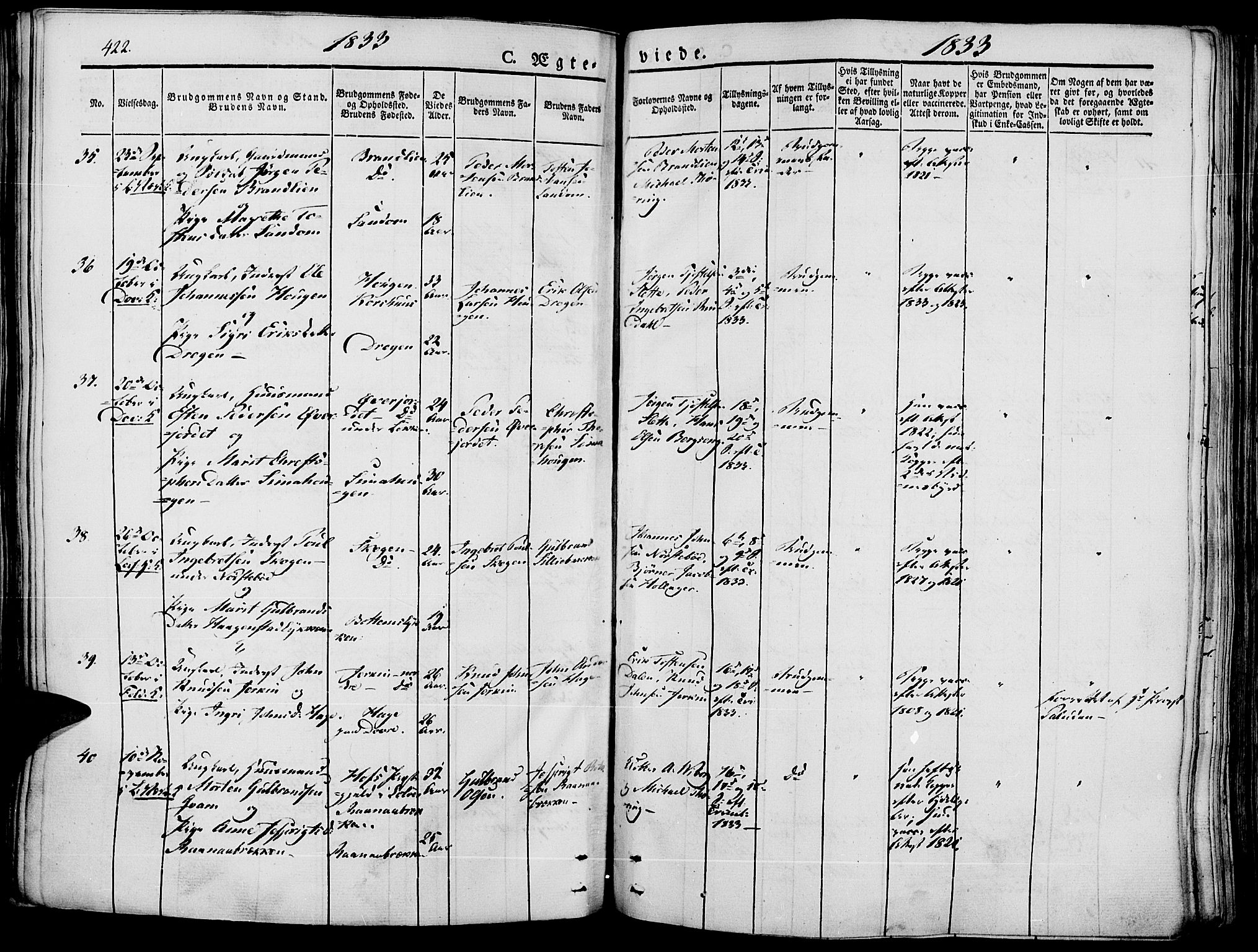 Lesja prestekontor, SAH/PREST-068/H/Ha/Haa/L0005: Parish register (official) no. 5, 1830-1842, p. 422