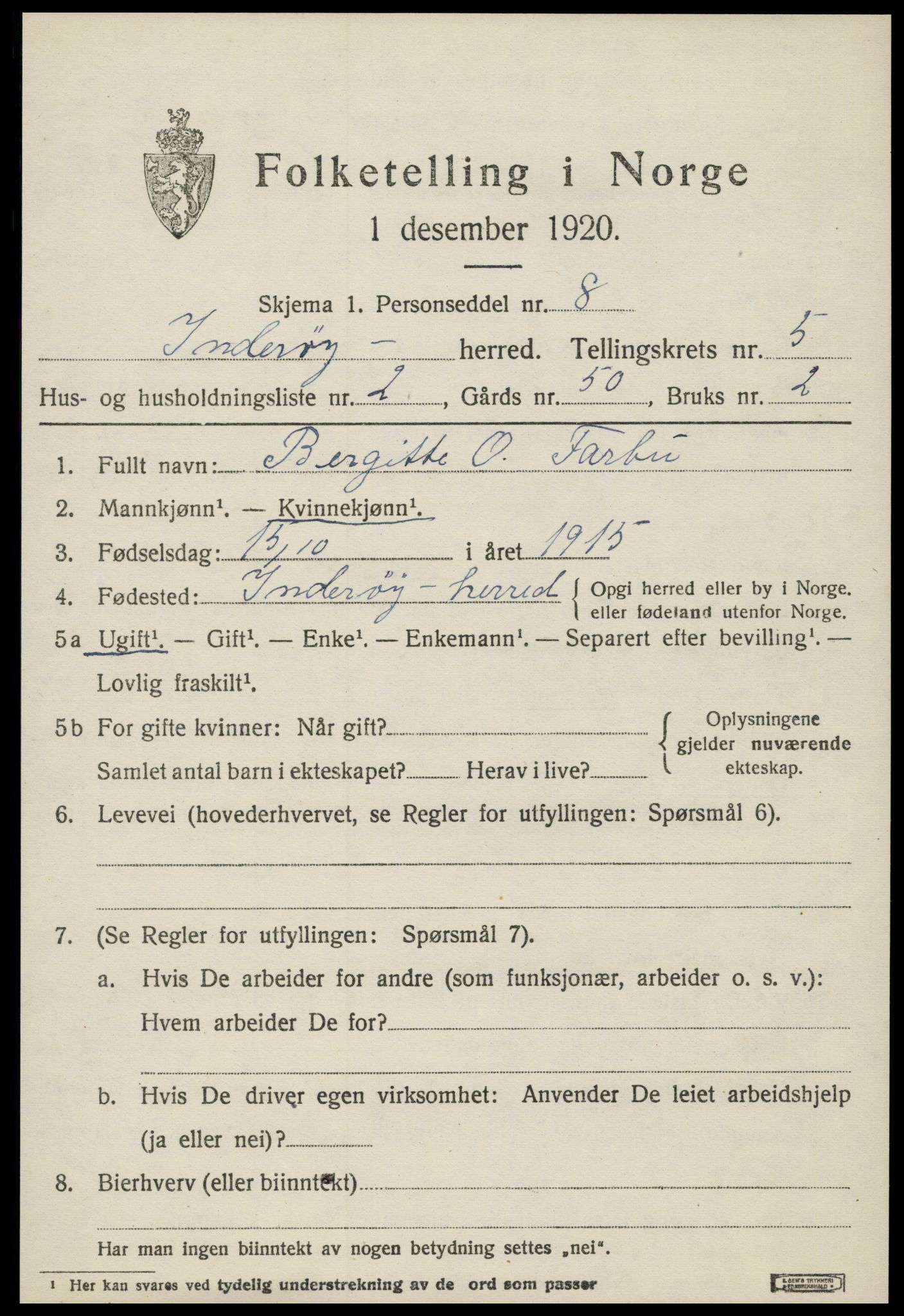 SAT, 1920 census for Inderøy, 1920, p. 4213