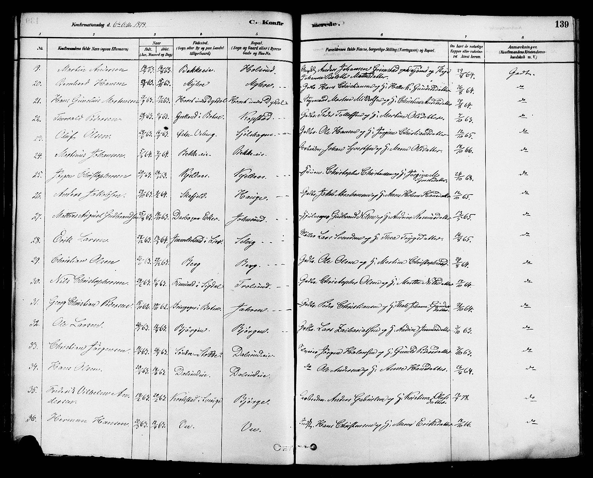 Sande Kirkebøker, AV/SAKO-A-53/F/Fa/L0006: Parish register (official) no. 6, 1878-1888, p. 139