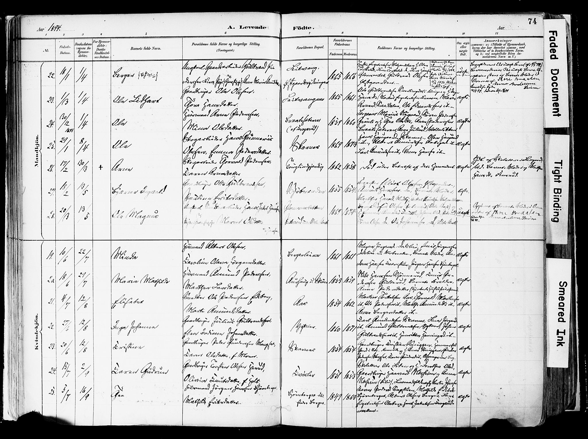 Sør-Odal prestekontor, SAH/PREST-030/H/Ha/Haa/L0006: Parish register (official) no. 6, 1886-1931, p. 74