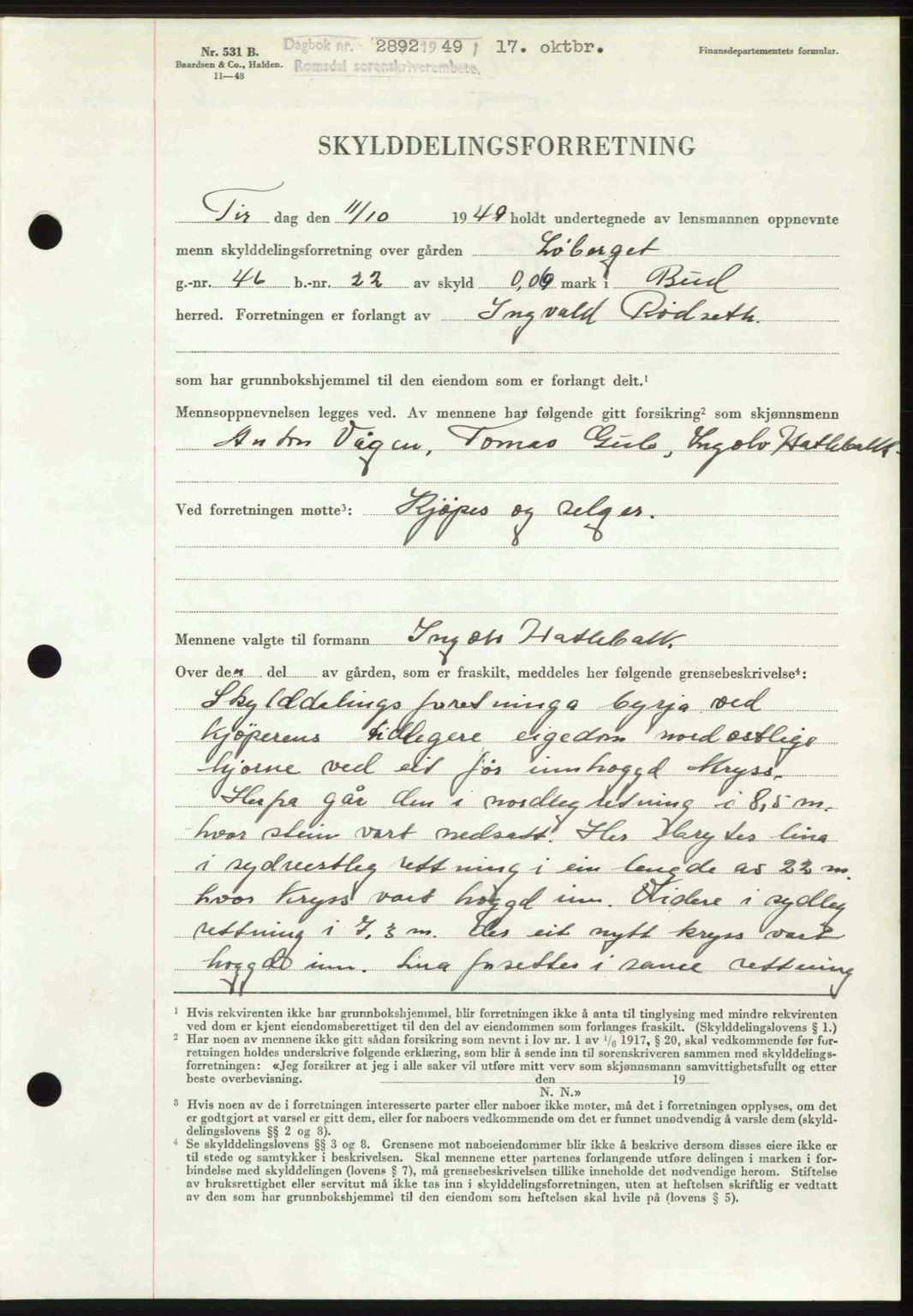 Romsdal sorenskriveri, AV/SAT-A-4149/1/2/2C: Mortgage book no. A31, 1949-1949, Diary no: : 2892/1949