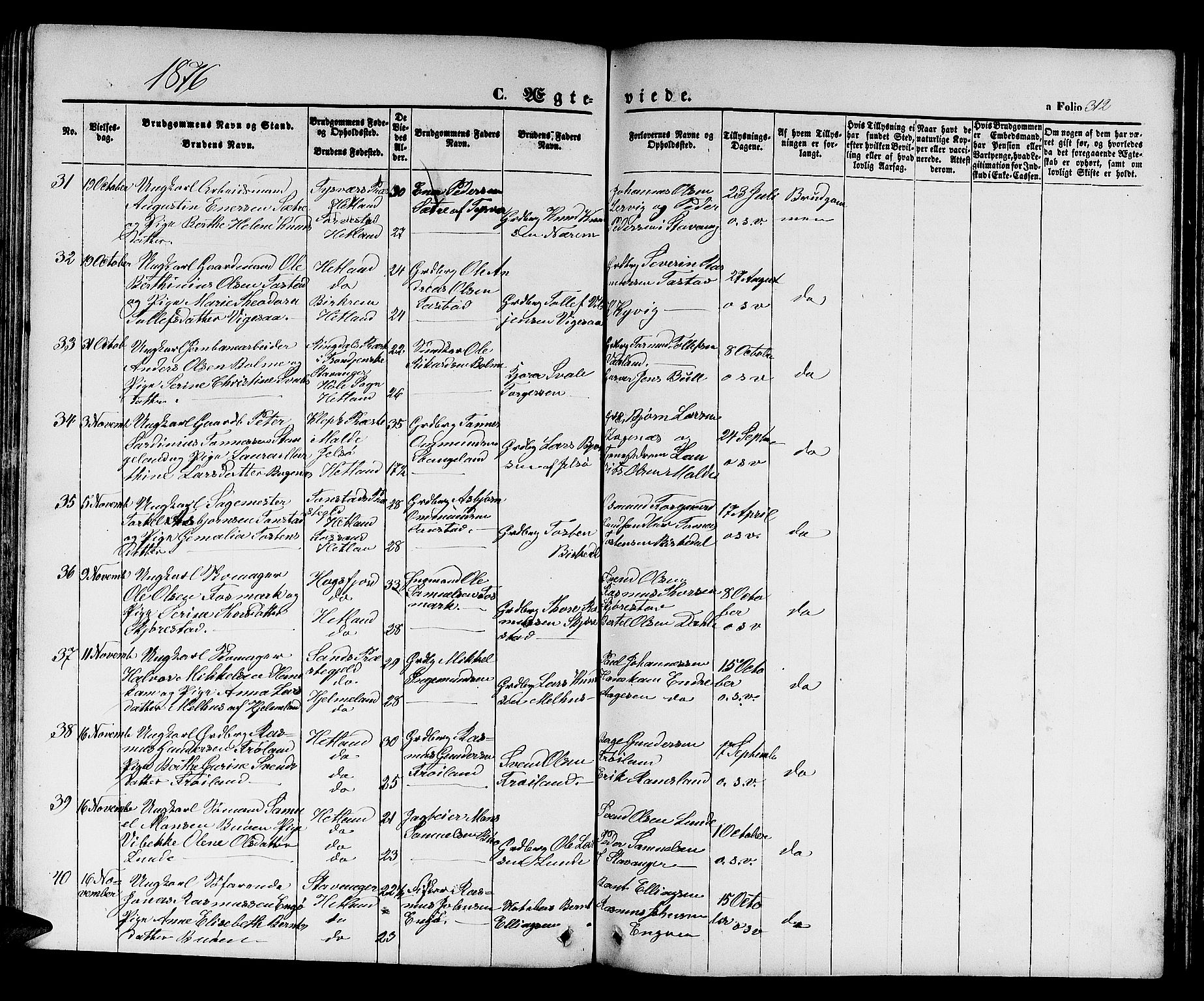 Hetland sokneprestkontor, SAST/A-101826/30/30BB/L0003: Parish register (copy) no. B 3, 1863-1877, p. 312