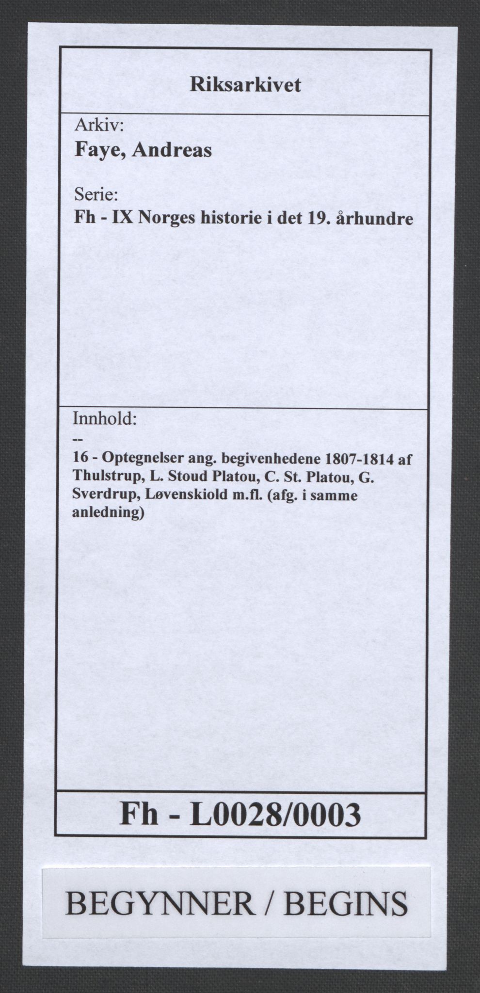 Faye, Andreas, AV/RA-PA-0015/F/Fh/L0028/0003: -- / Optegnelser ang. begivenhedene 1807-1814 af Thulstrup, L. Stoud Platou, C. St. Platou, G. Sverdrup, Løvenskiold m.fl. (afg. i samme anledning), p. 1