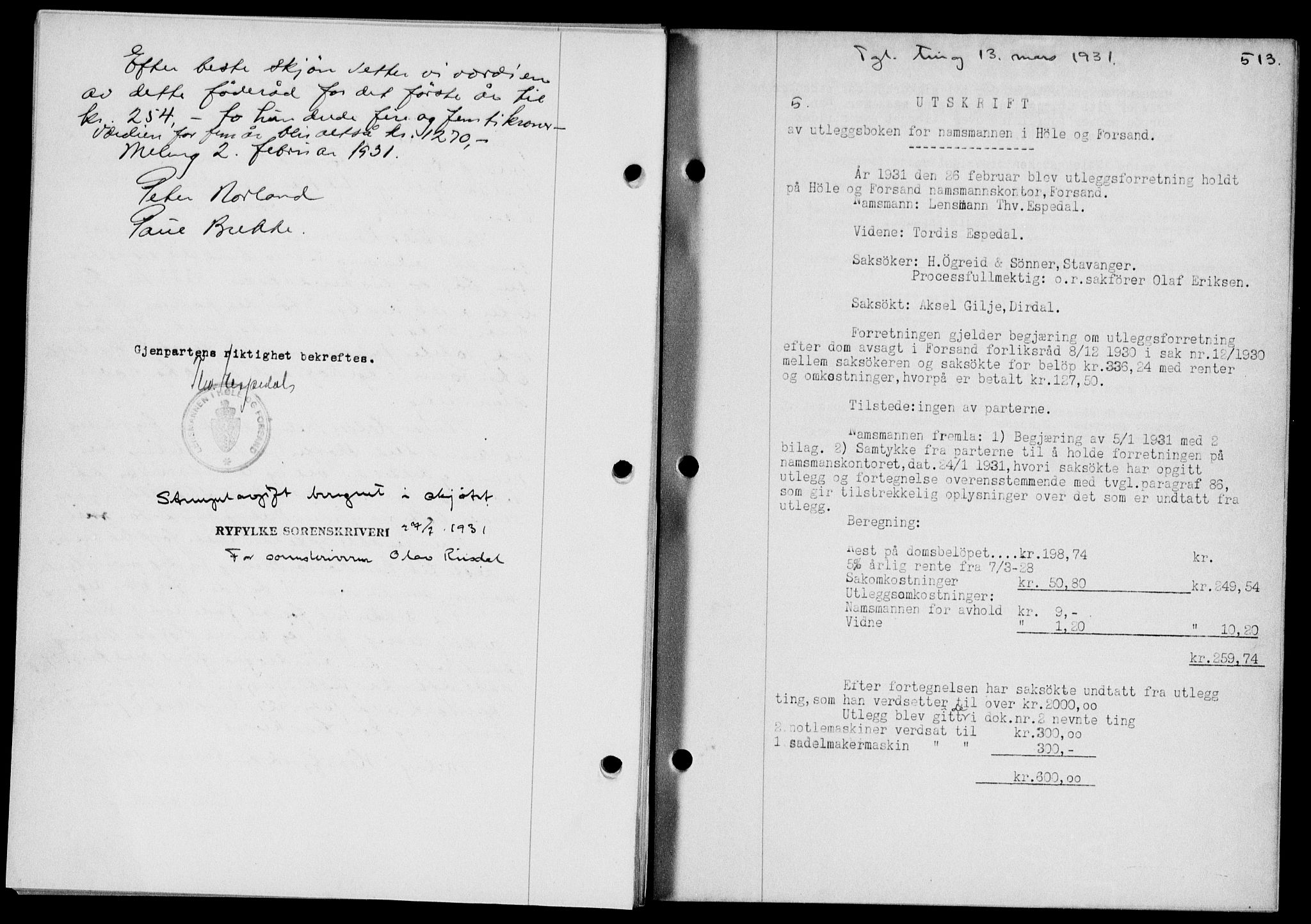 Ryfylke tingrett, SAST/A-100055/001/II/IIB/L0061: Mortgage book no. 40, 1930-1931, Deed date: 13.03.1931