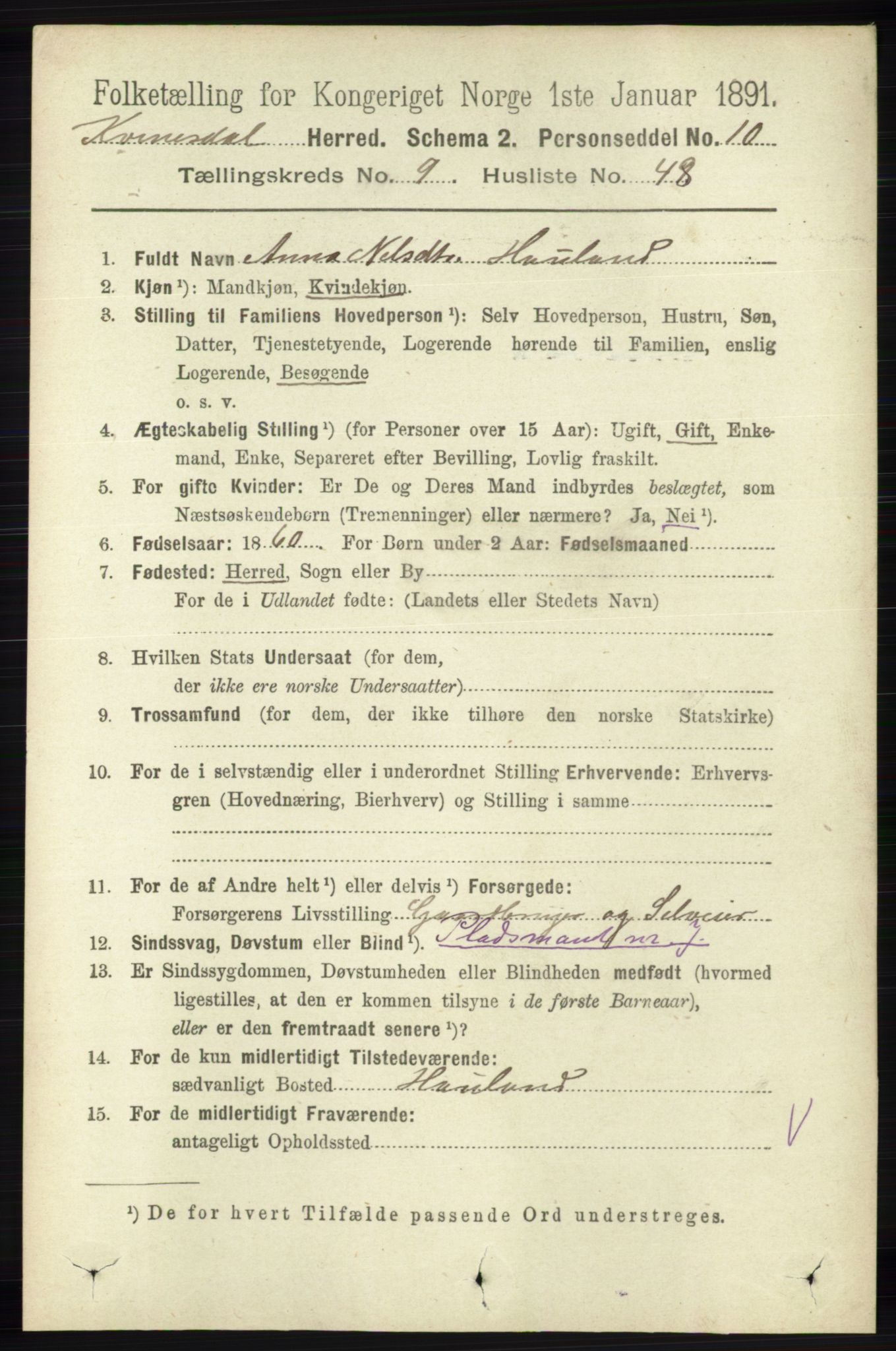 RA, 1891 census for 1037 Kvinesdal, 1891, p. 3552