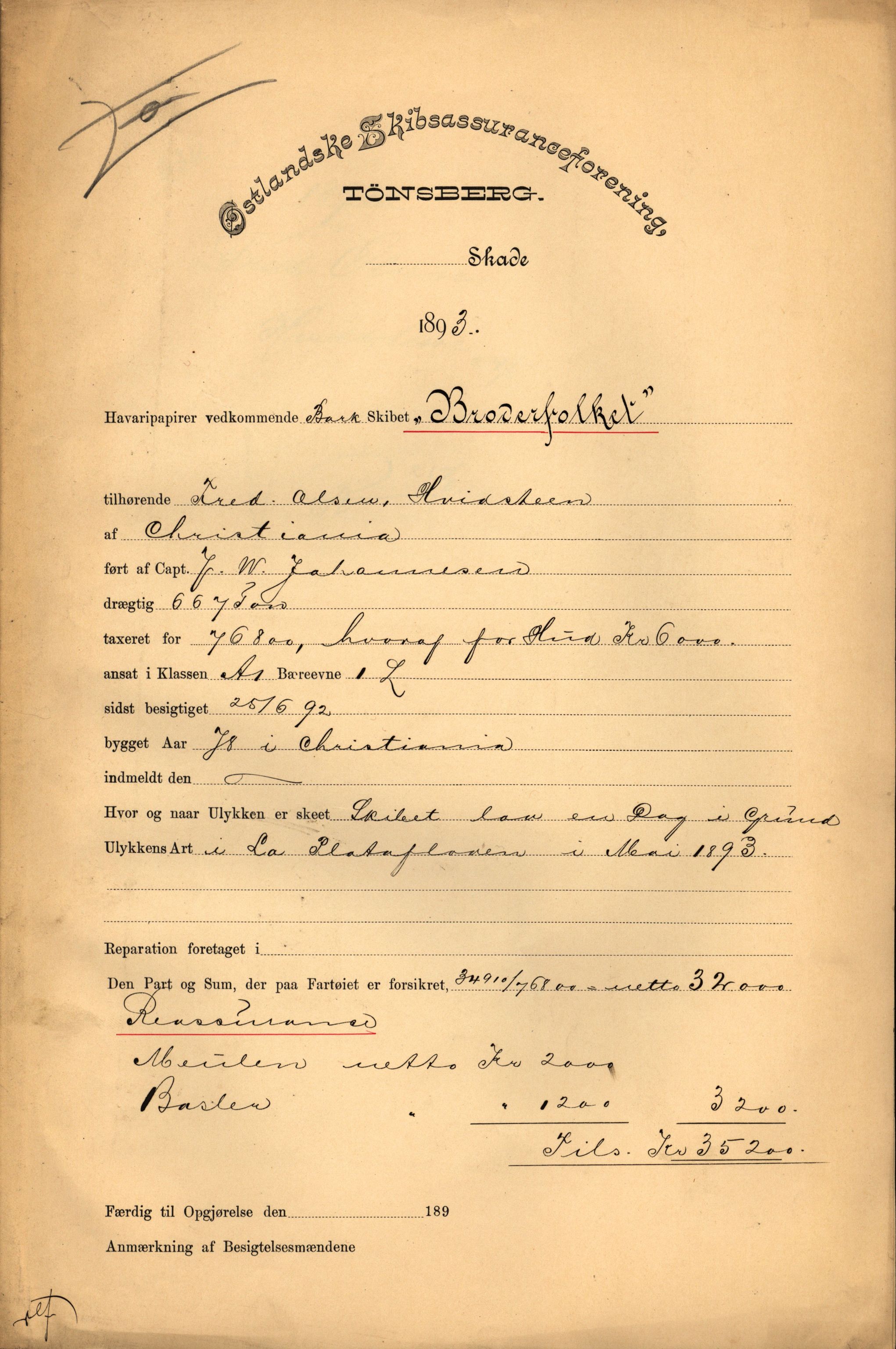 Pa 63 - Østlandske skibsassuranceforening, VEMU/A-1079/G/Ga/L0029/0008: Havaridokumenter / Broderfolket, Amthill, Argo, Axel, 1893, p. 1