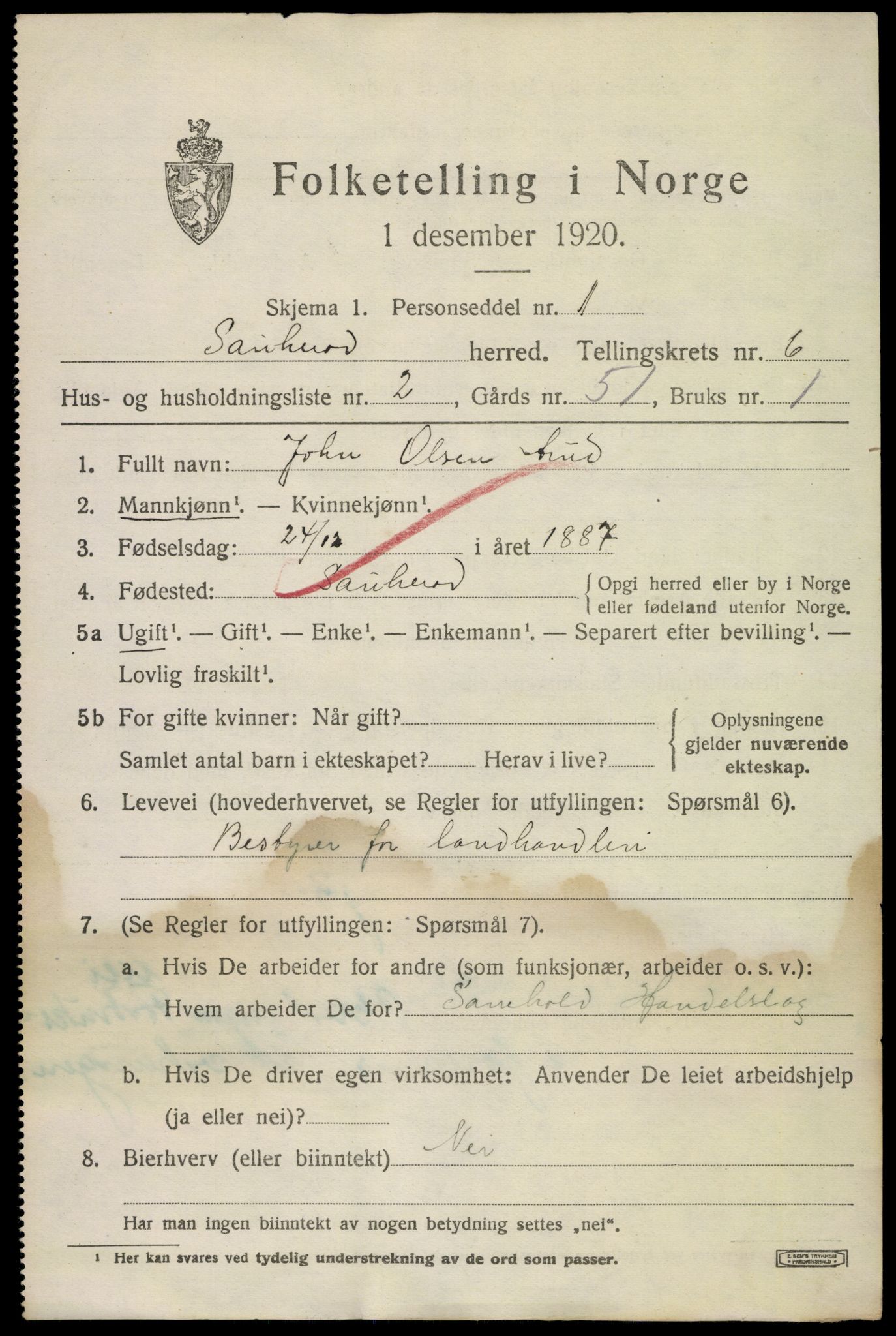 SAKO, 1920 census for Sauherad, 1920, p. 5083