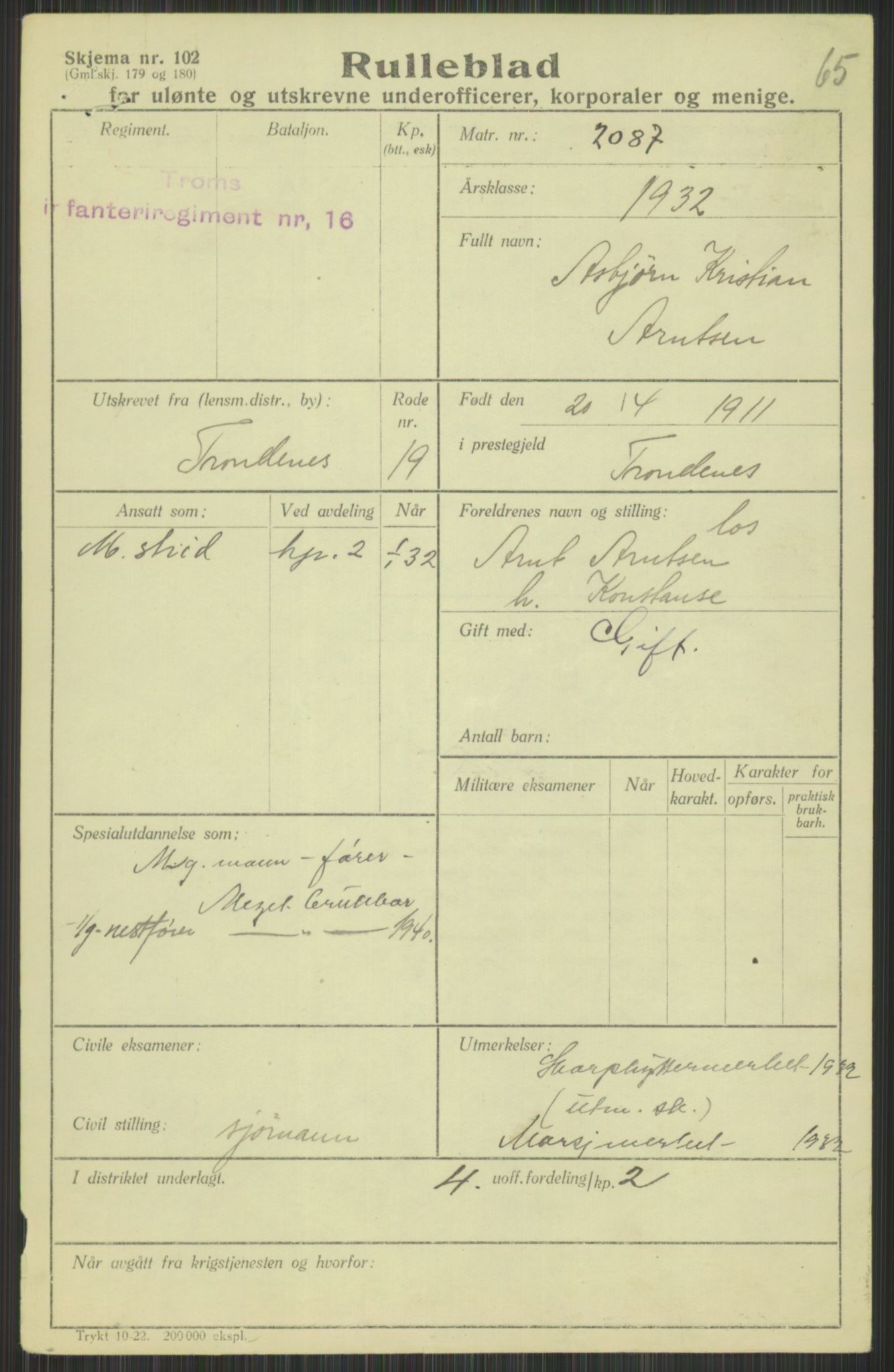Forsvaret, Troms infanteriregiment nr. 16, AV/RA-RAFA-3146/P/Pa/L0016: Rulleblad for regimentets menige mannskaper, årsklasse 1932, 1932, p. 73