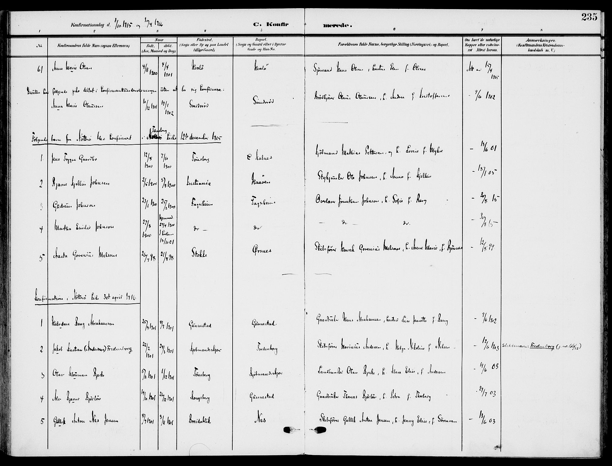 Nøtterøy kirkebøker, AV/SAKO-A-354/F/Fa/L0010: Parish register (official) no. I 10, 1908-1919, p. 235