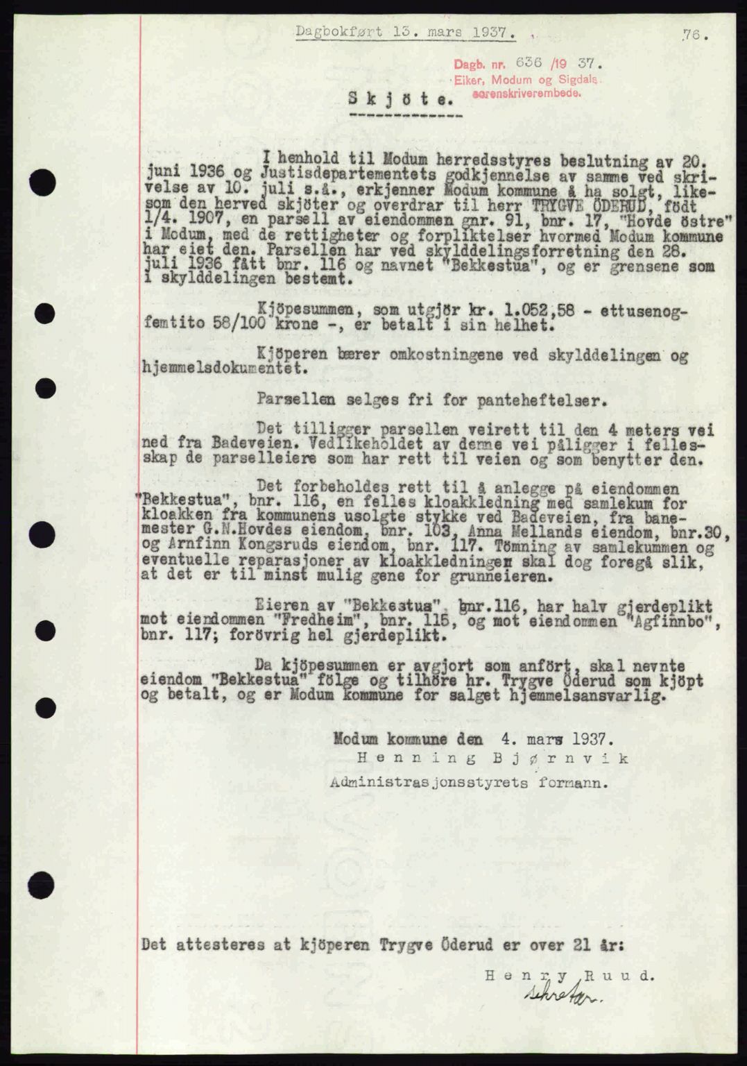 Eiker, Modum og Sigdal sorenskriveri, SAKO/A-123/G/Ga/Gab/L0035: Mortgage book no. A5, 1937-1937, Diary no: : 636/1937