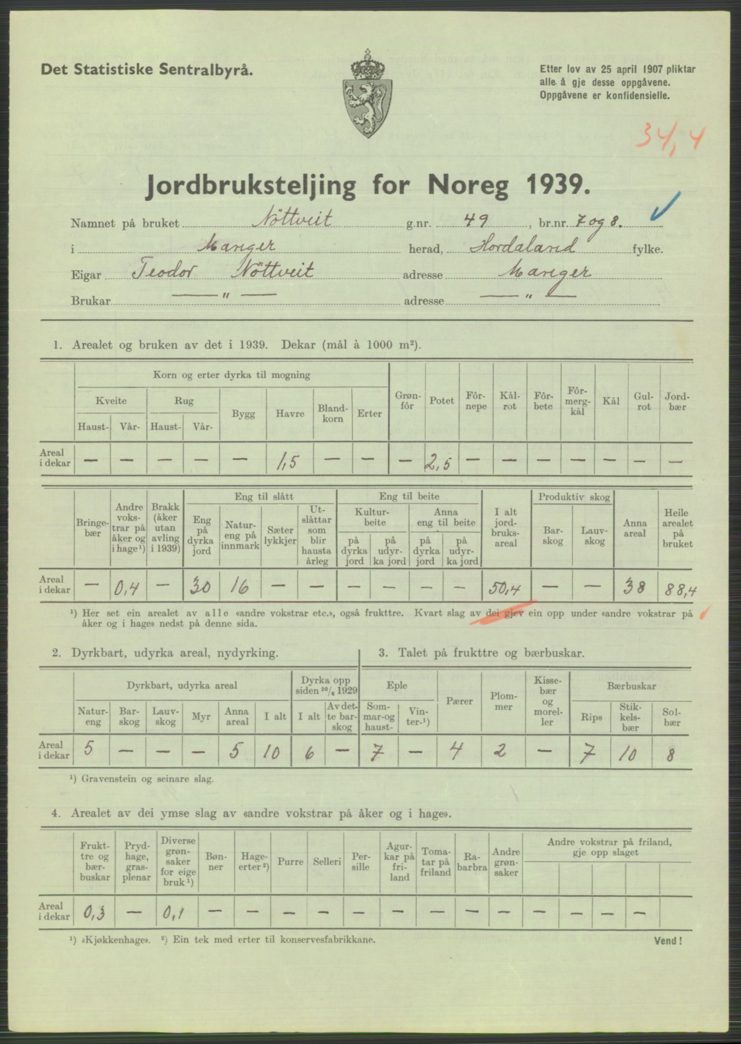 Statistisk sentralbyrå, Næringsøkonomiske emner, Jordbruk, skogbruk, jakt, fiske og fangst, AV/RA-S-2234/G/Gb/L0211: Hordaland: Herdla, Hjelme og Manger, 1939, p. 1751