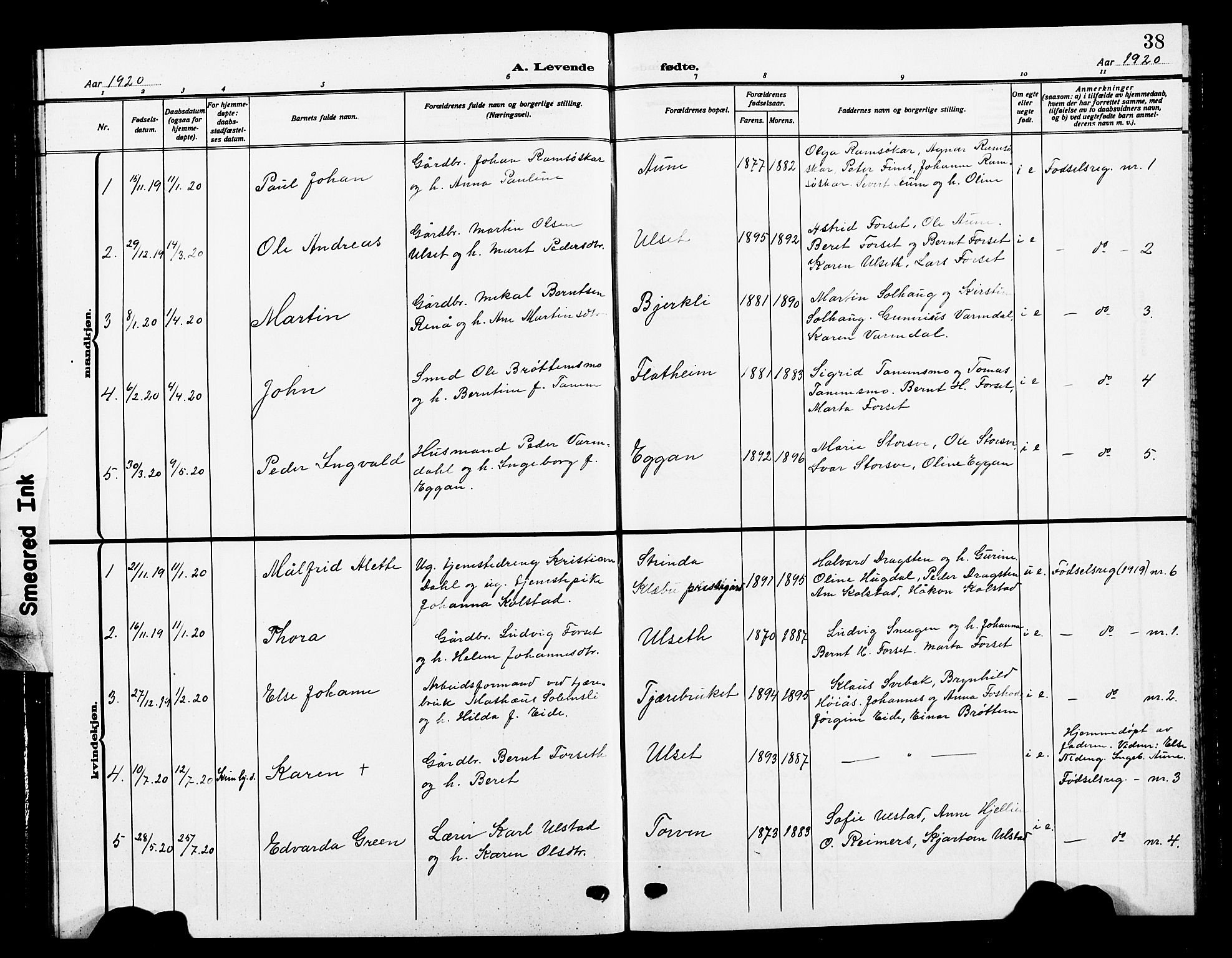 Ministerialprotokoller, klokkerbøker og fødselsregistre - Sør-Trøndelag, SAT/A-1456/618/L0453: Parish register (copy) no. 618C04, 1907-1925, p. 38