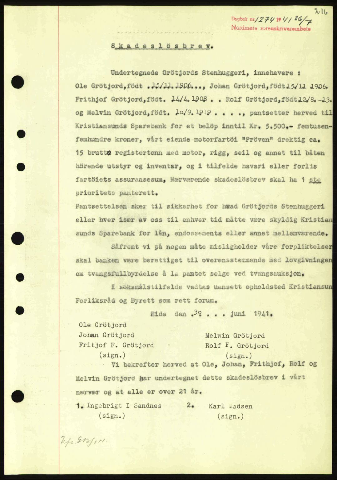 Nordmøre sorenskriveri, AV/SAT-A-4132/1/2/2Ca: Mortgage book no. B88, 1941-1942, Diary no: : 1274/1941