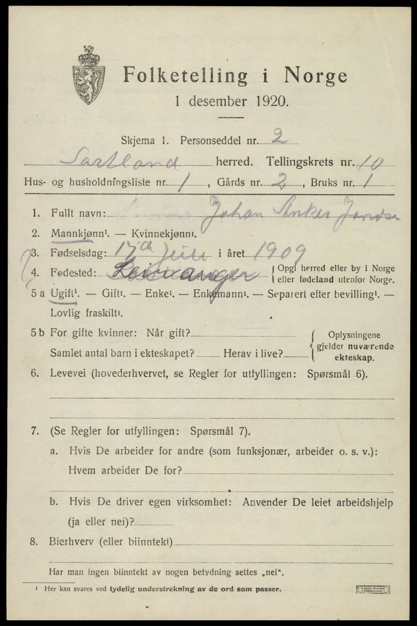 SAT, 1920 census for Sortland, 1920, p. 7618