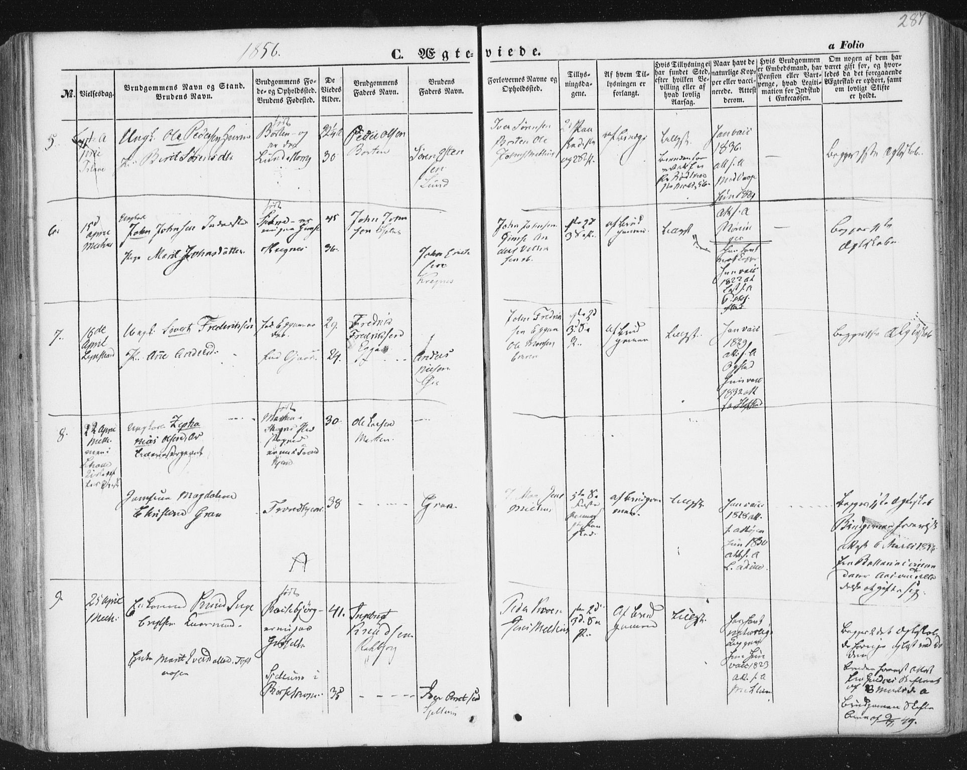 Ministerialprotokoller, klokkerbøker og fødselsregistre - Sør-Trøndelag, SAT/A-1456/691/L1076: Parish register (official) no. 691A08, 1852-1861, p. 287