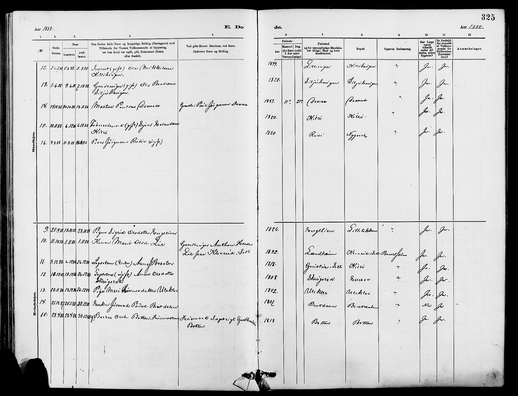 Dovre prestekontor, SAH/PREST-066/H/Ha/Hab/L0002: Parish register (copy) no. 2, 1881-1907, p. 325