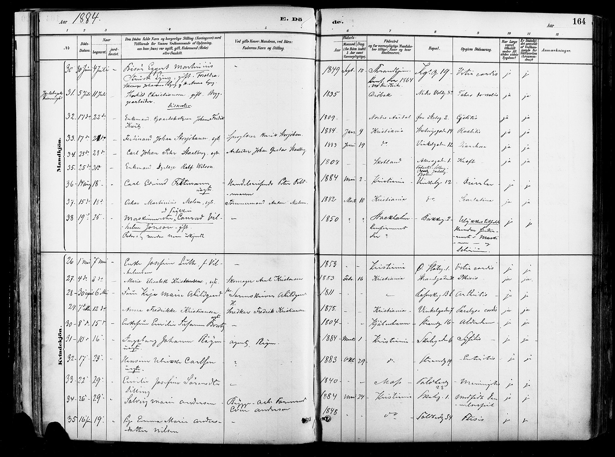 Johannes prestekontor Kirkebøker, SAO/A-10852/F/Fa/L0004: Parish register (official) no. 4, 1883-1907, p. 164