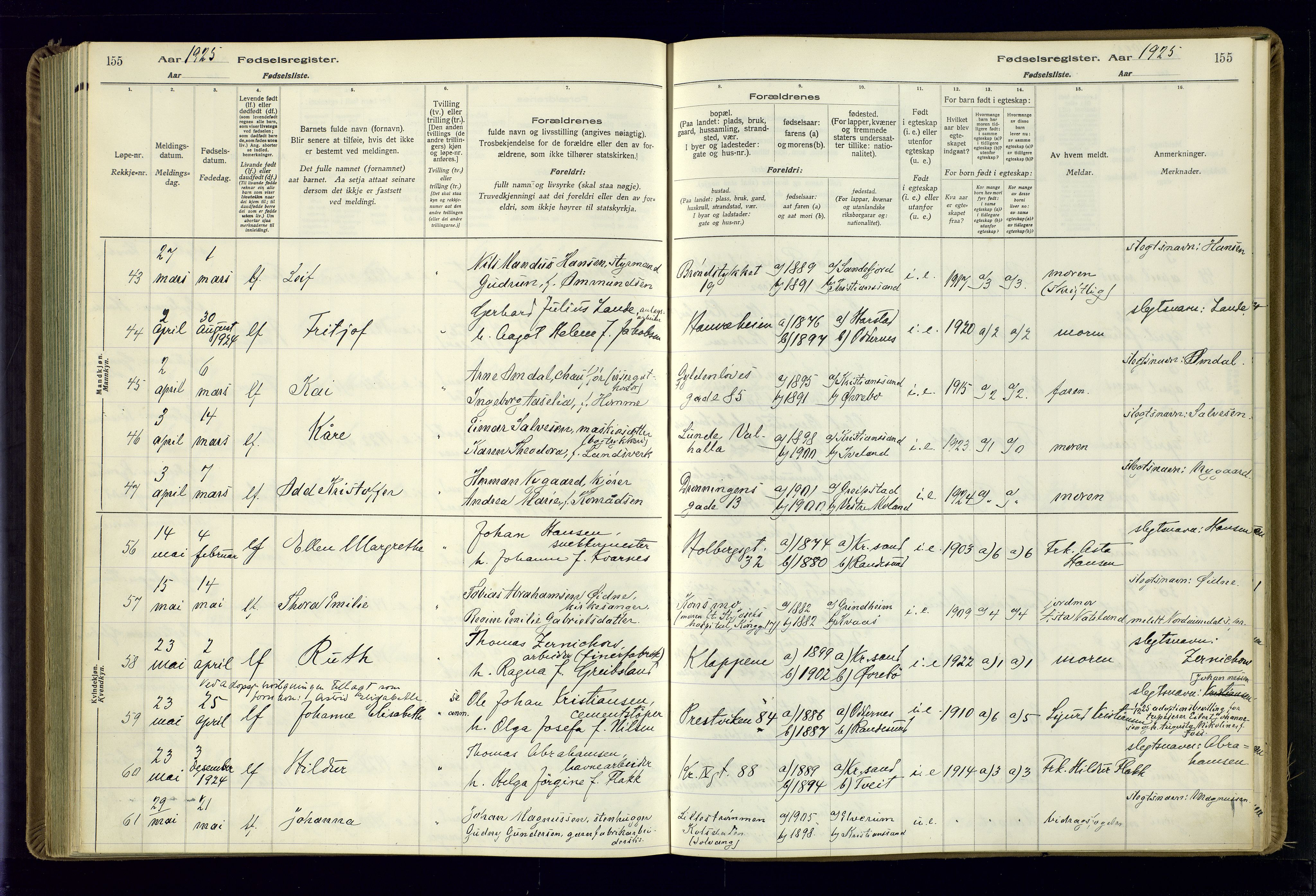 Kristiansand domprosti, AV/SAK-1112-0006/J/Jc/L0002: Birth register no. A-VI-46, 1921-1926, p. 155