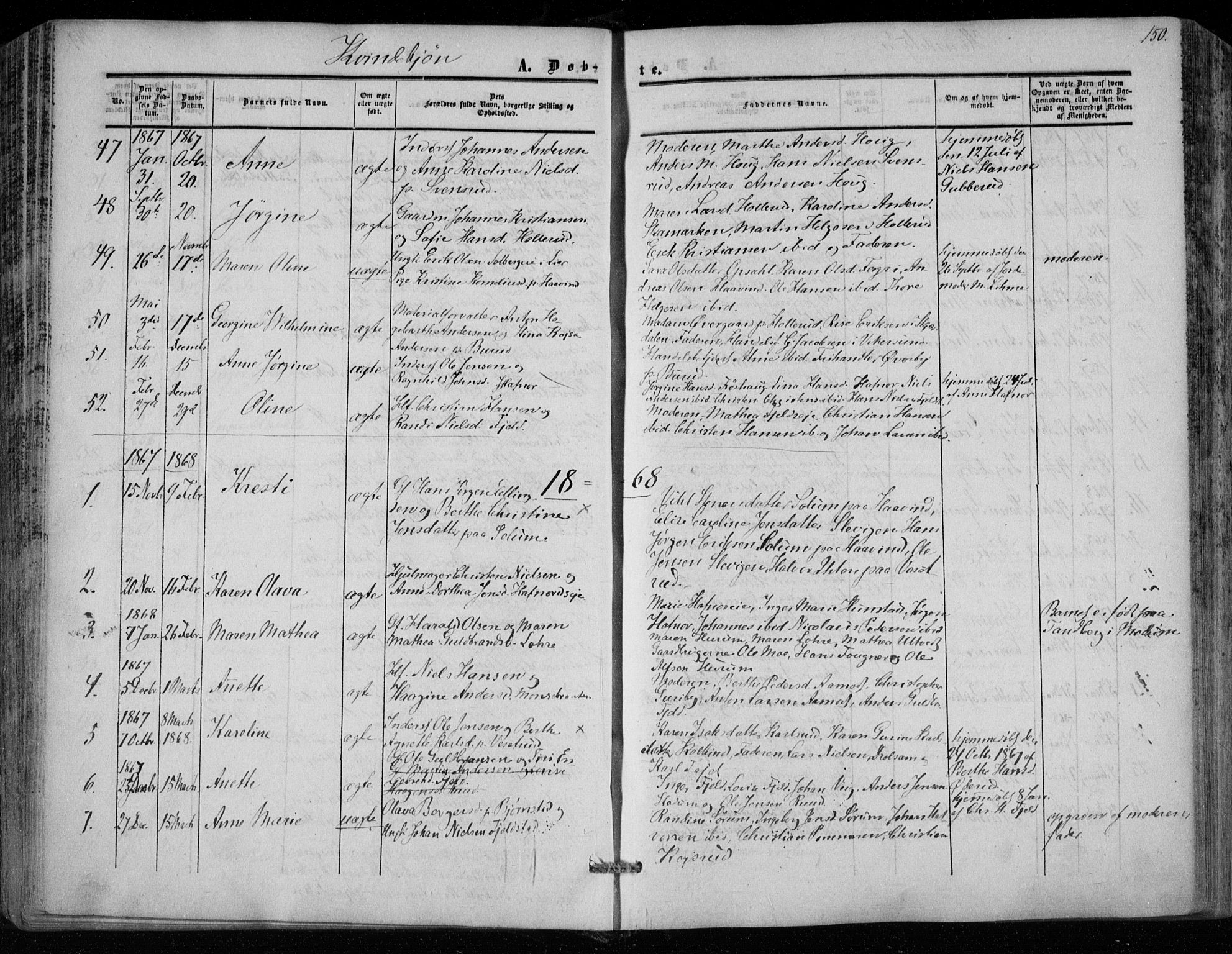 Hole kirkebøker, SAKO/A-228/F/Fa/L0006: Parish register (official) no. I 6, 1852-1872, p. 150