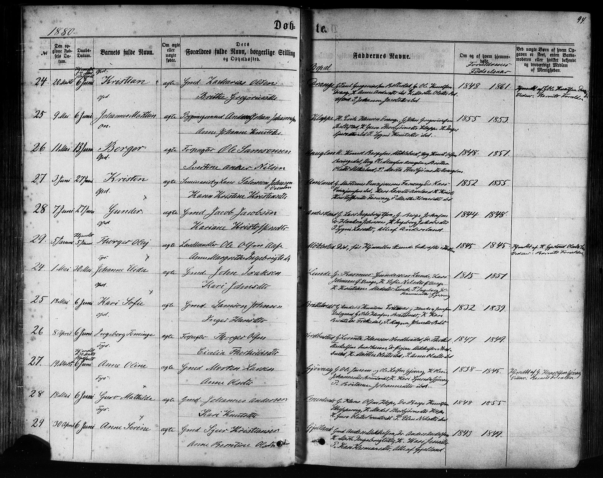 Tysnes sokneprestembete, AV/SAB-A-78601/H/Haa: Parish register (official) no. A 12, 1872-1886, p. 94