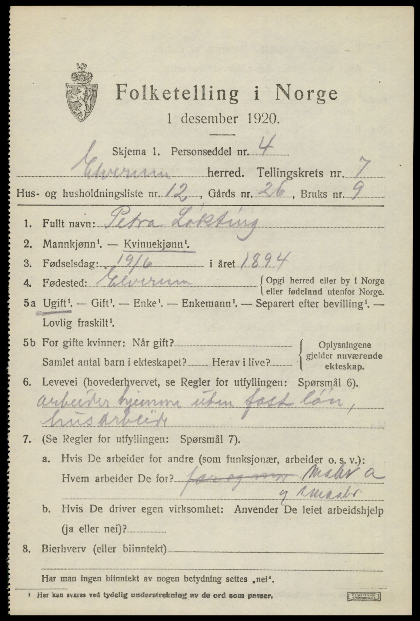 SAH, 1920 census for Elverum, 1920, p. 11082